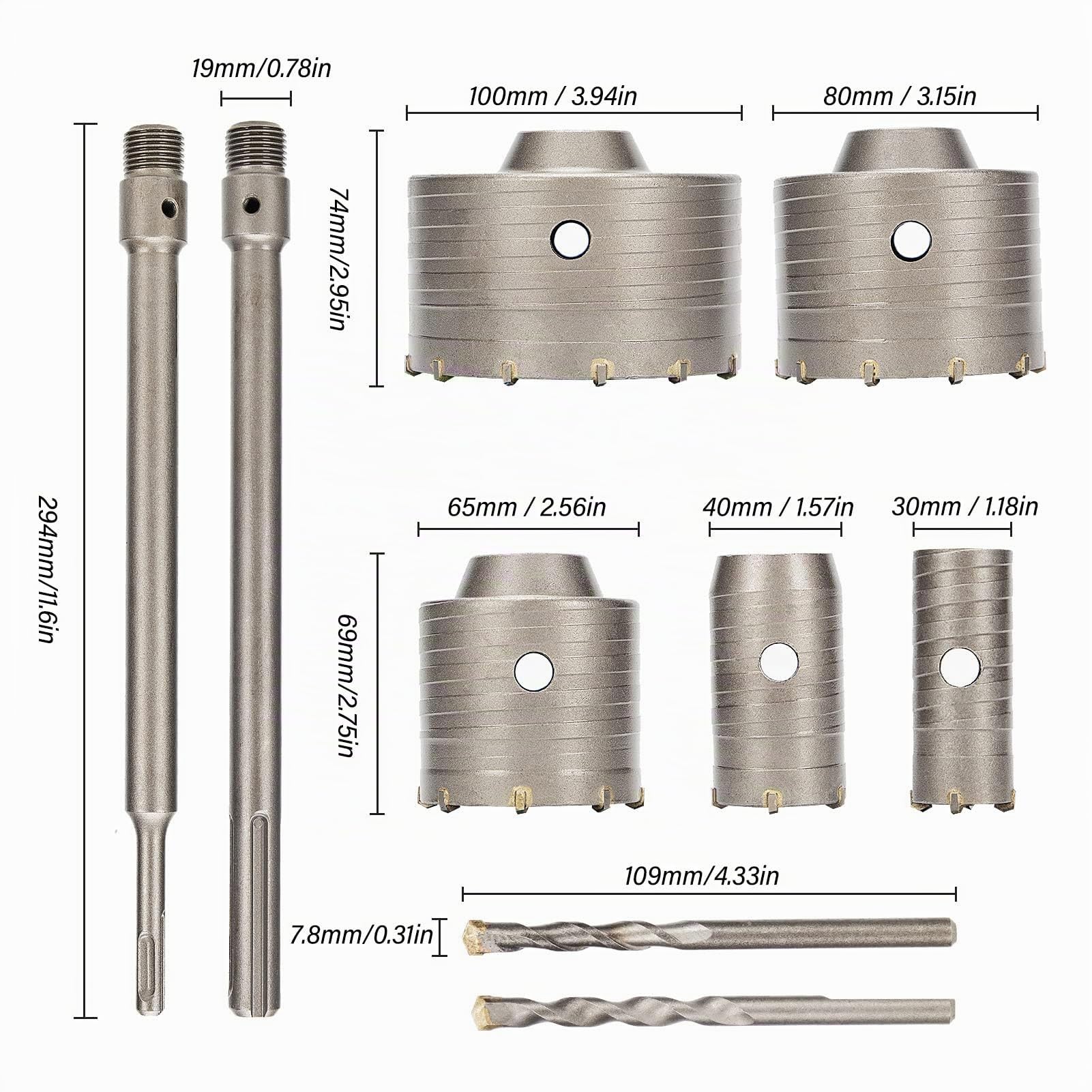 Set di Seghe a Tazza per Calcestruzzo, 9 Pezzi Set di Punte per Trapano Apri Fori per Cemento, 30/40/65/80/100 Mm Fresa per Fori Cavi Acciaio Al Tungsteno con Scatola di