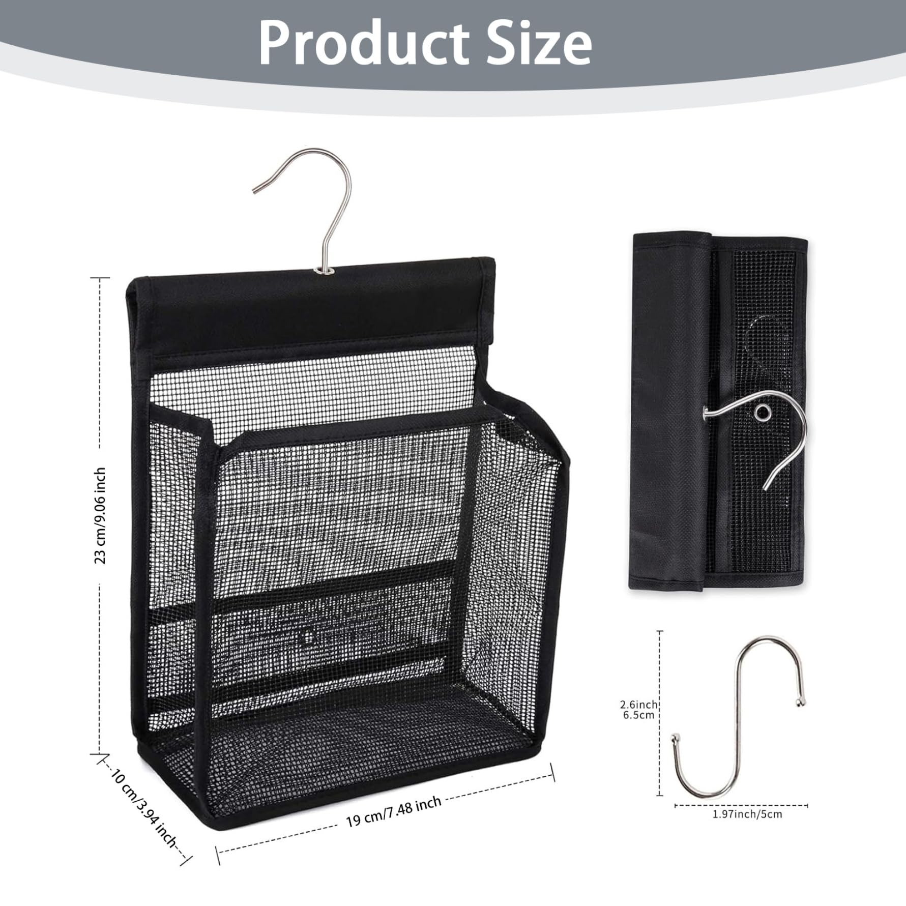 Cesta de ducha de malla de 19 x 10 x 23 cm, bolsa colgante con ganchos, perfecta para viajes, gimnasios, dormitorios y baños, solución de almacenamiento ligera de secado rápido