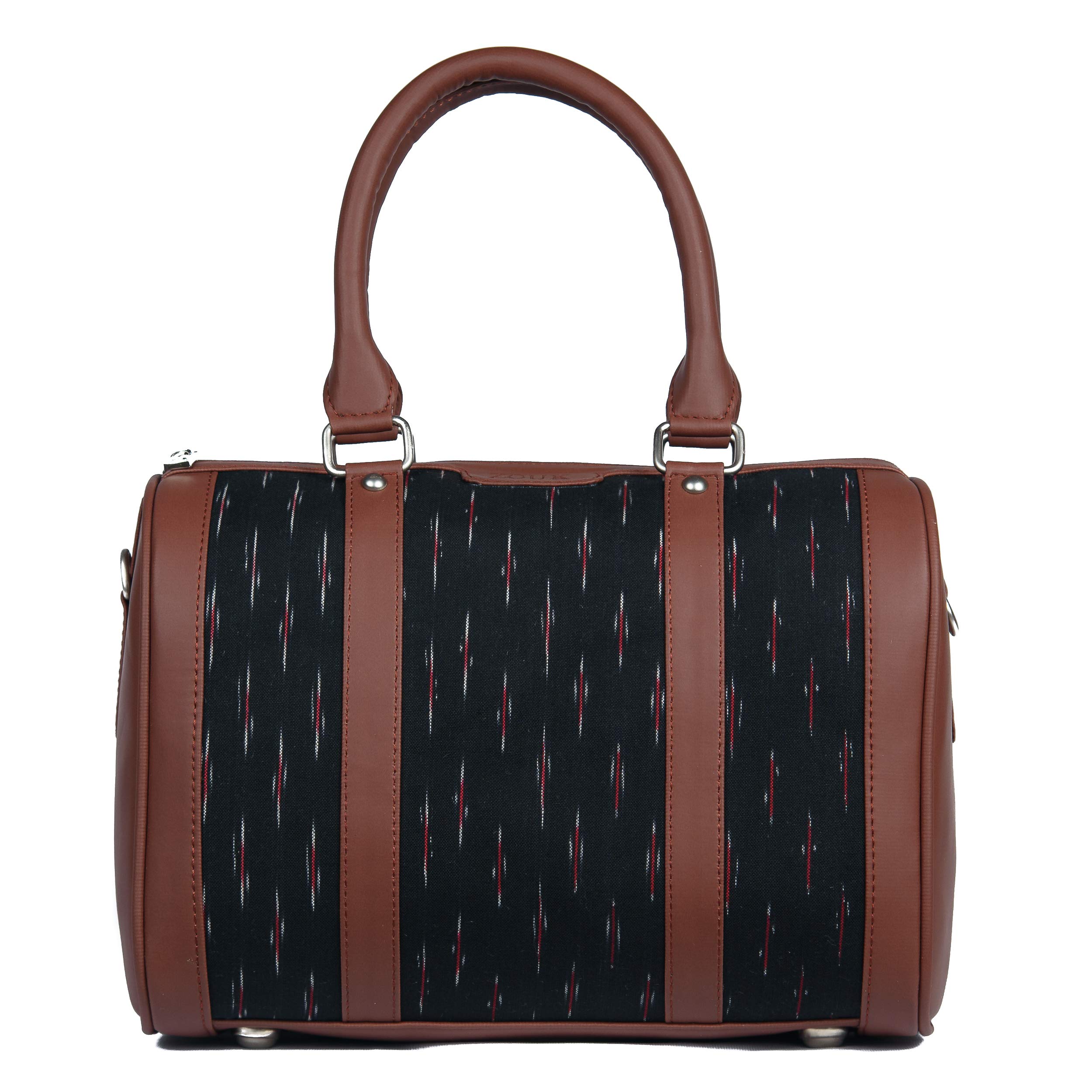 ZOUK Black Ikkat and Vegan Leather Handmade Womens Handbags with double handles and detachable Sling Strap - GreRed (B07MDPZDS9) Amazon Price History, Amazon Price Tracker