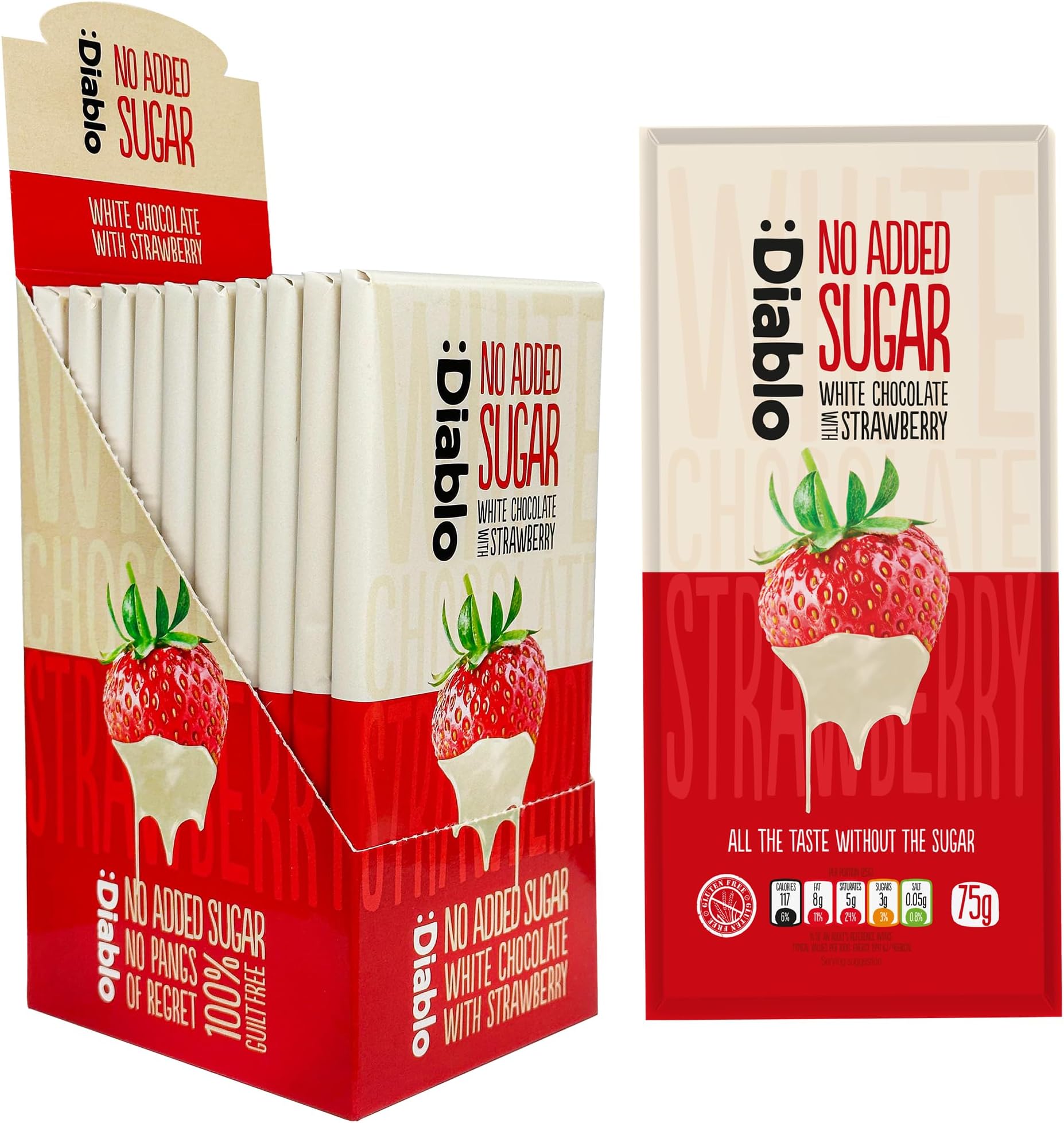 Diablo No Added Sugar White Chocolate with Strawberry – No Added Sugar Chocolate Bar Sweetened with Stevia, Gluten Free, Ideal for Any Occasion, Birthdays, Valentines or Gift Hampers, 75g (Pack of 10)