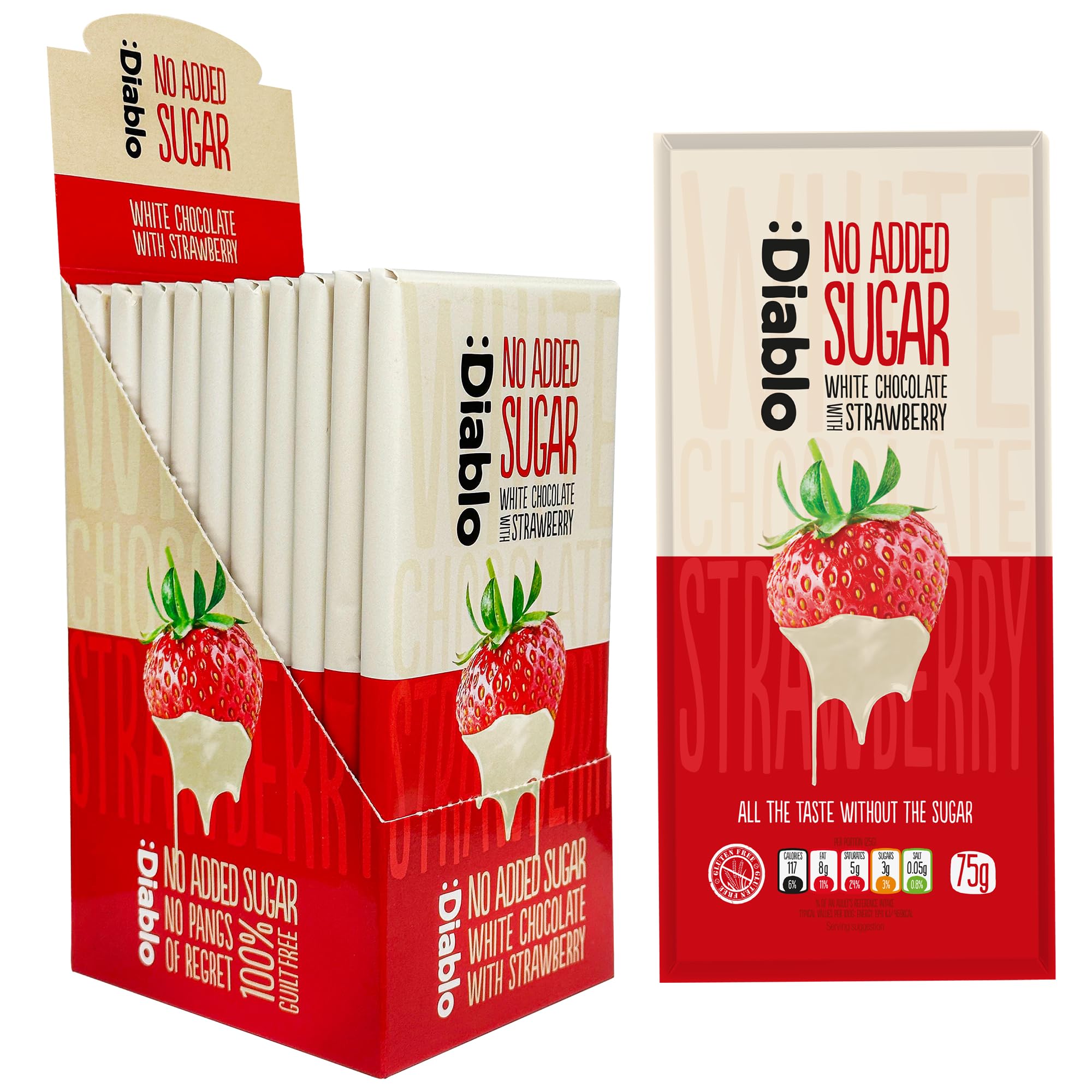 Diablo No Added Sugar White Chocolate with Strawberry – No Added Sugar Chocolate Bar Sweetened with Stevia, Gluten Free, Ideal for Any Occasion, Birthdays, Valentines or Gift Hampers, 75g (Pack of 10)