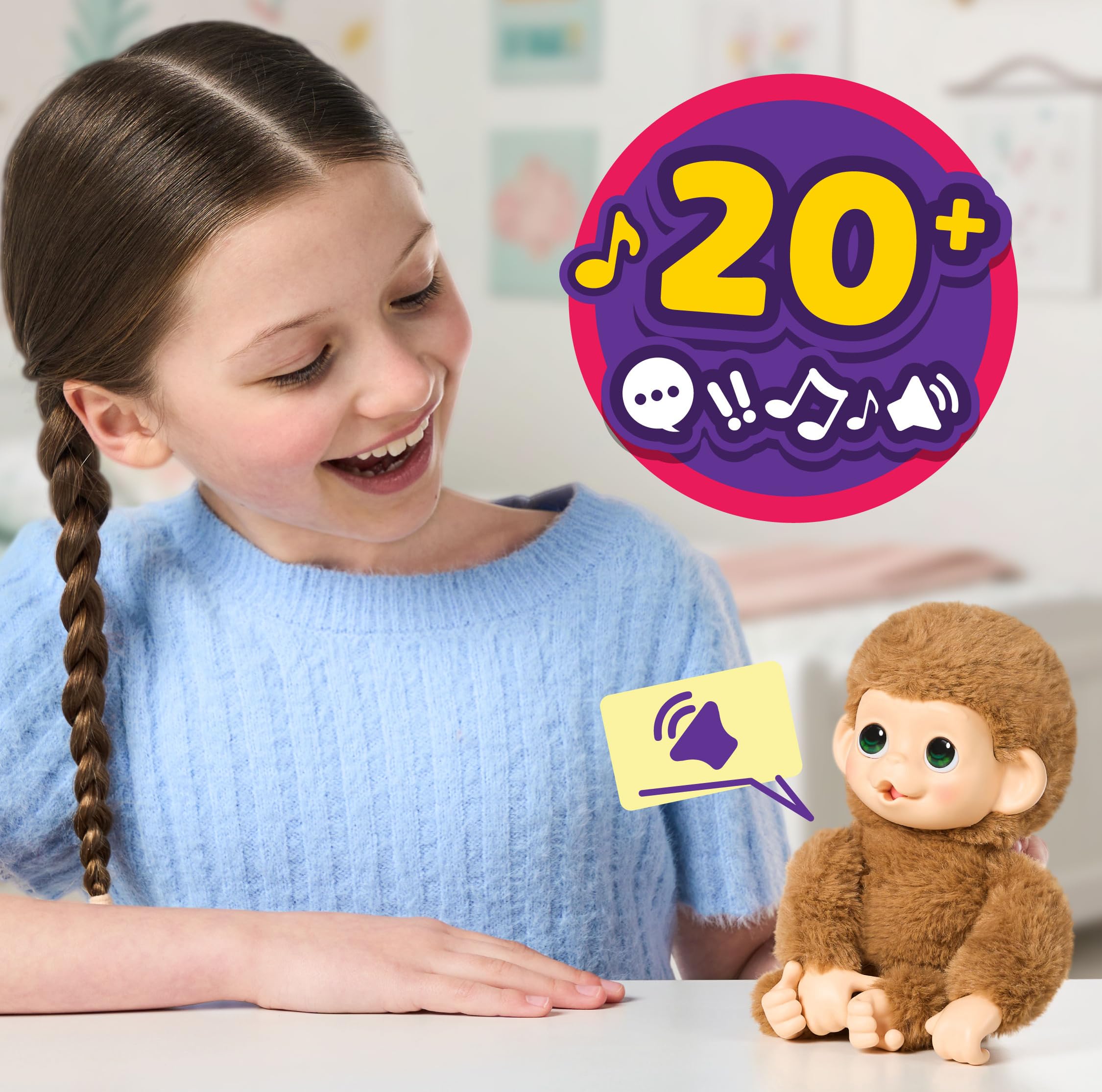 Little Live Pets Baby Monkey Minis - Pepi Peach. Interaktywna zabawka dla zwierząt domowych. Ponad 20 dźwięków i reakcji. Miękkie brązowe futro, 18,8 cm wysokości. Super realistyczny. Karmić