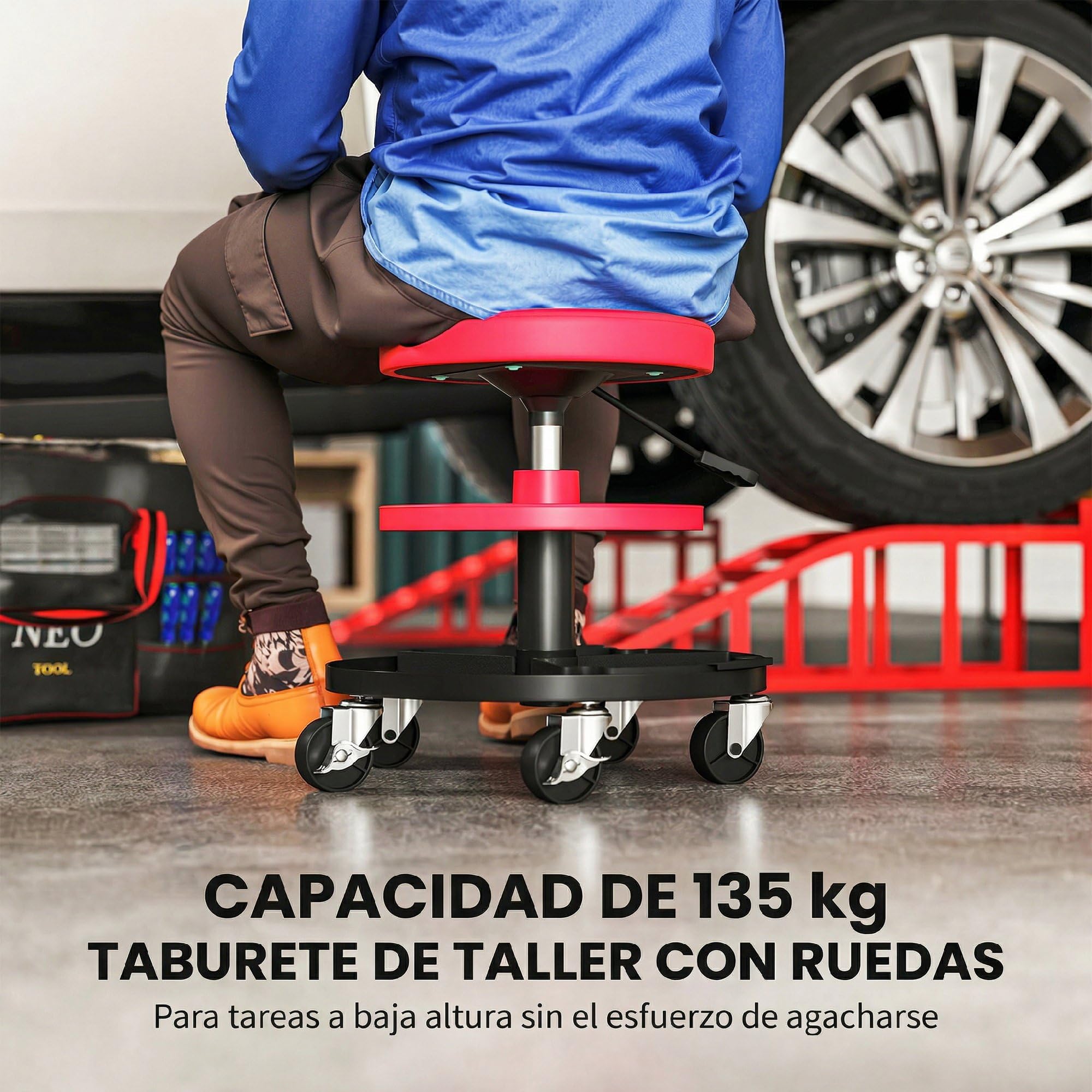 HOMCOM Taburete de Taller Giratorio con Ruedas Altura Ajustable de 40-51 cm Asiento Taburete para Mecánico con 2 Bandejas para Herramientas Carga 135 kg para Garaje Reparación de Automóviles Rojo