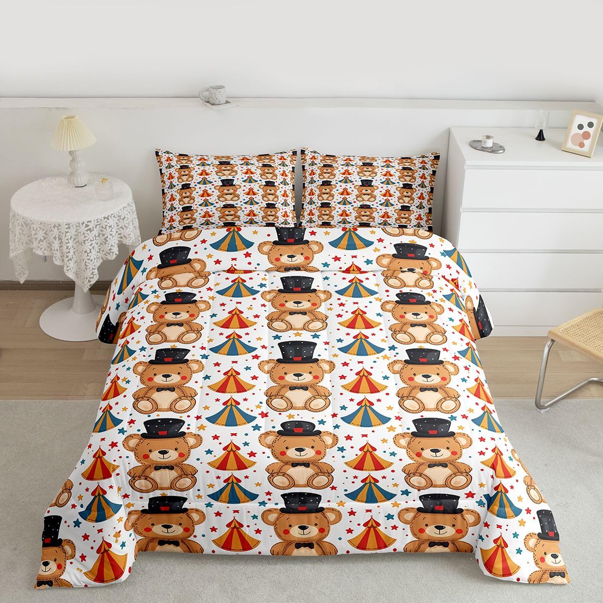 Castle Fairy Cartoon Bear Comforter Set for Kids Funny Circus Stars Tents Bedding Set Enjoyment Entertainment Bedding Home Decor Brown Comforter Full Size 3 Pieces with 2 Pillowcase