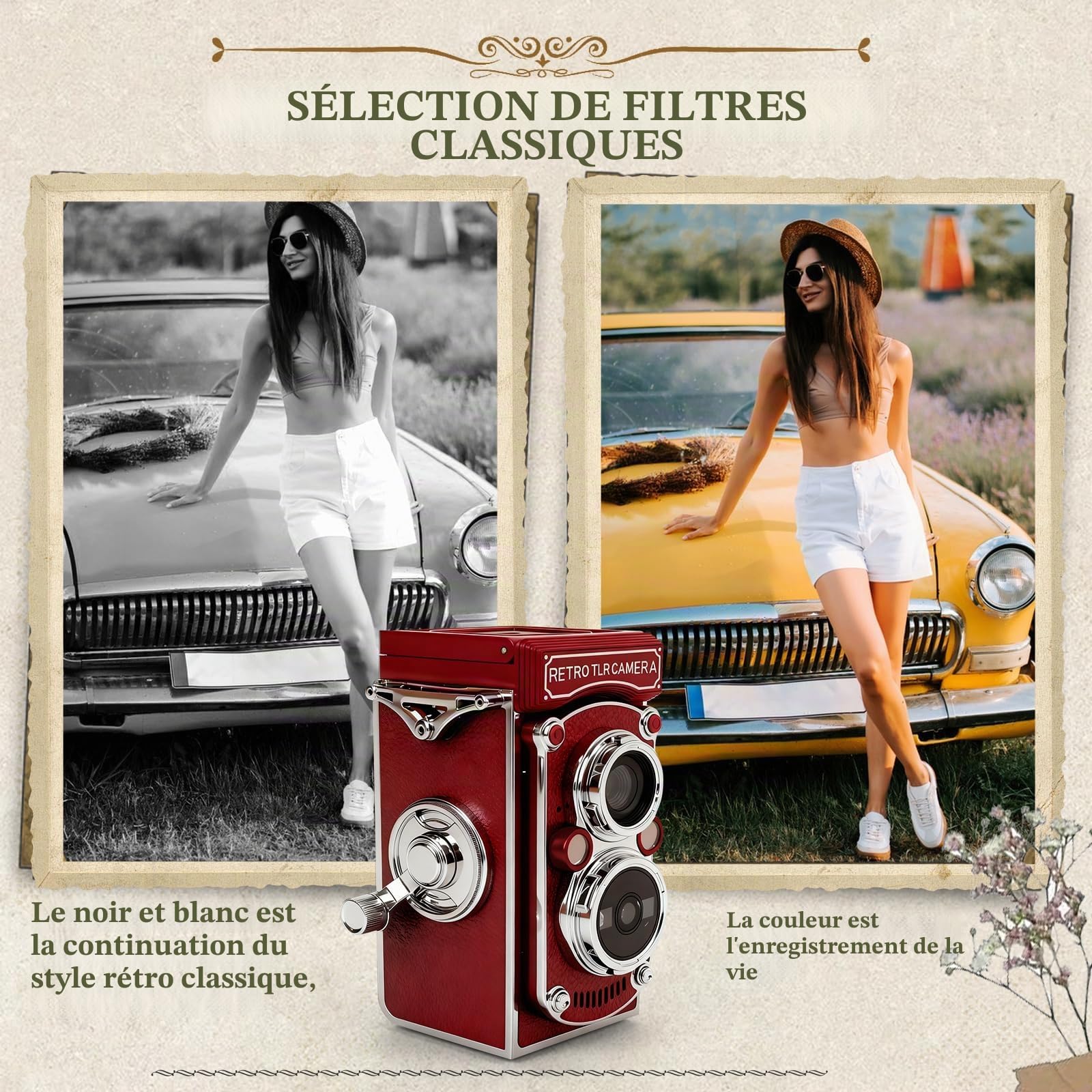 Mini appareil photo numérique rétro, résolution d'image 48 MP vintage à manivelle avec carte mémoire de 32 Go, écran de 1,54", vision nocturne 1080p, pour débutants, adultes et adolescents (rouge)