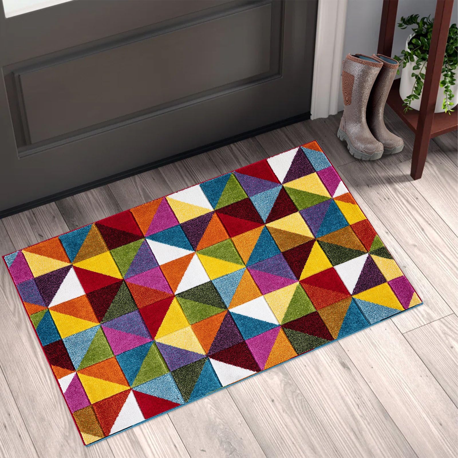renoazul® Multicoloured Large Door Mat for Entrance, Hallway and Kitchen, 60 x 110 cm, Geometric Triangle, Soft Thick Pile Fluffy Thick Plush Geometric Pattern Mat — image 1