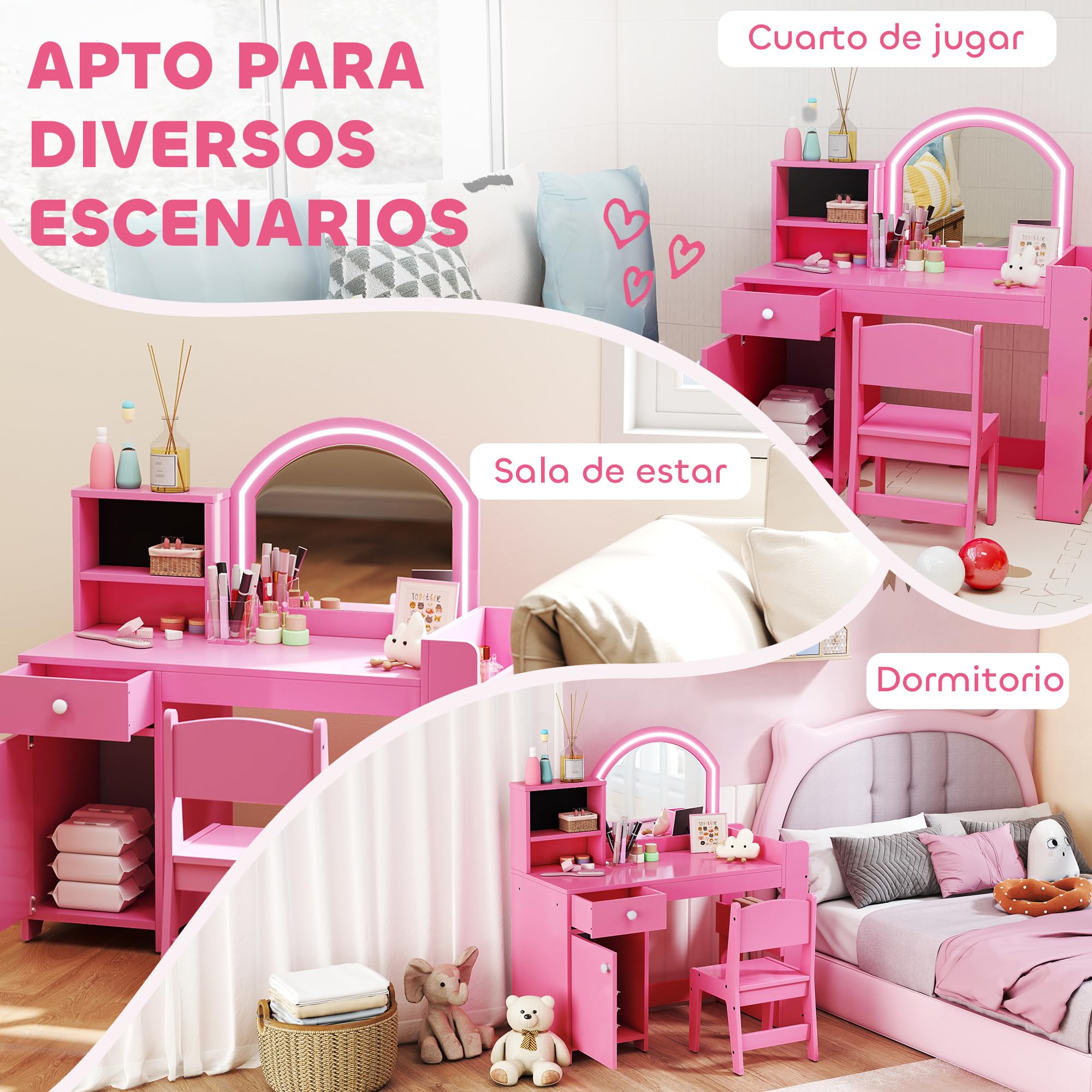 AIYAPLAY Tocador de Maquillaje Niña con Taburete para 3 a 8 Años Rosa | Tocador Infantil, Espejo con Luces LED, 1 Cajón, Armario y 5 Estantes, para Niños