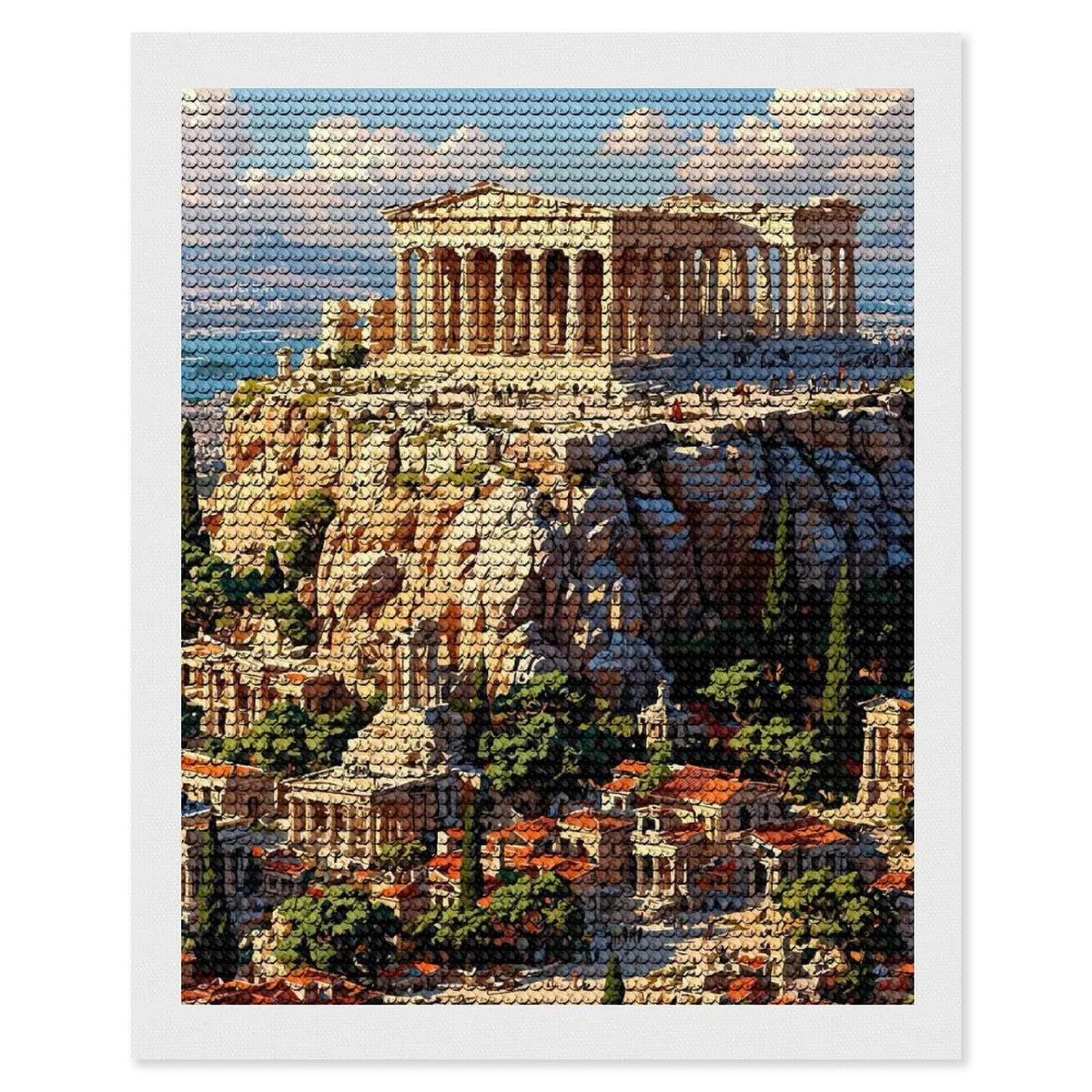 Junmoney Acropolis of Athens Illustration(2) Diamond Art Canvas 16"x20", for Creative Relaxation, Simple to Start, Aesthetic Room Decor, Holiday Gift Idea