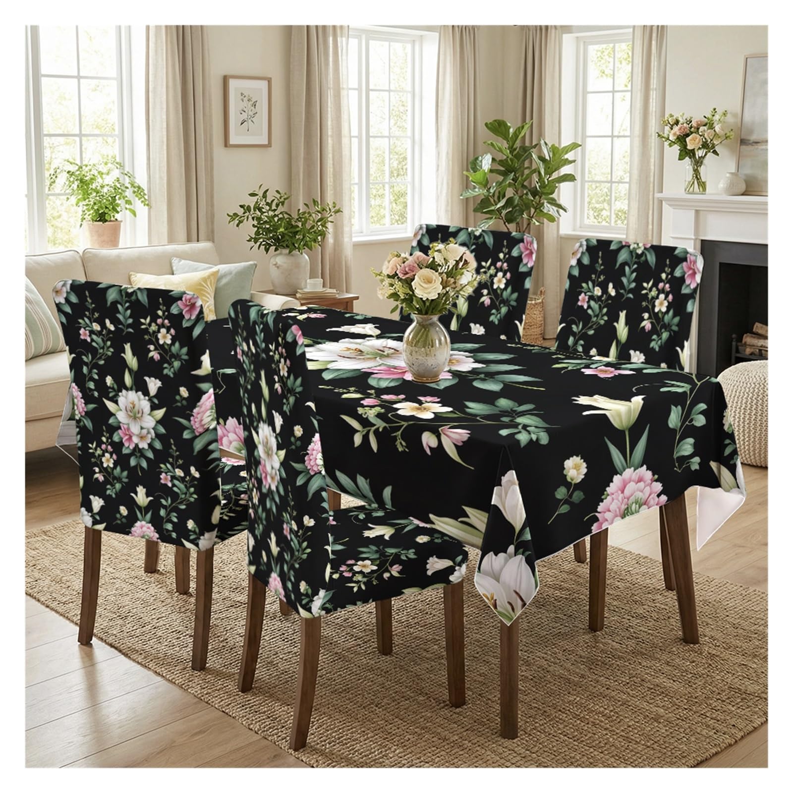 BOSUYBN Stretch Dining Chair Slipcover & Tablecloth Set, Black Background White Pink Lily Vine Floral Print, 5/7 Pack, Moody Elegant Home Decor Table Setting(5pcs Set: Tablecloth+Chair Covers)