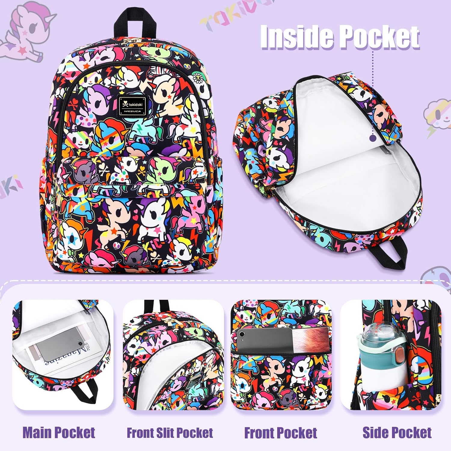 Tokidoki Unicorno Backpack Cute Travel Laptop Backpack for Women Casual Bag Lightweight Cloth Canvas Backpack Daypack Handbag (Backpack-Black Unicorno) - Image 3