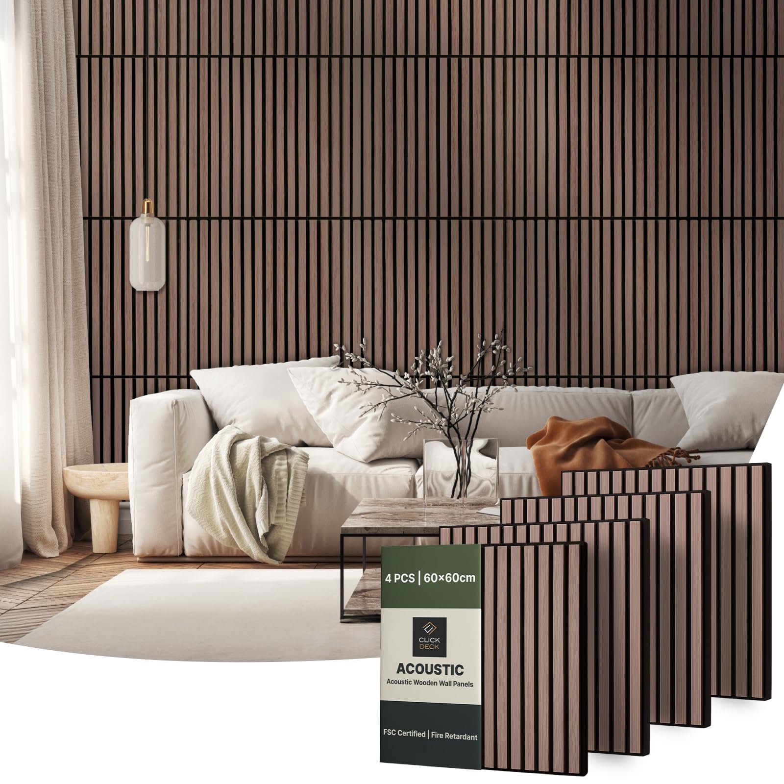 CLICK-DECK Wooden Wall Panels | Premium Acoustic Wall Panels | Slat Wall Panelling Feature Walls | Sound Absorbing | Fire Retardant & FSC | Wood Panels for Walls | Pack of 4 Panels - 60x60cm (Walnut)