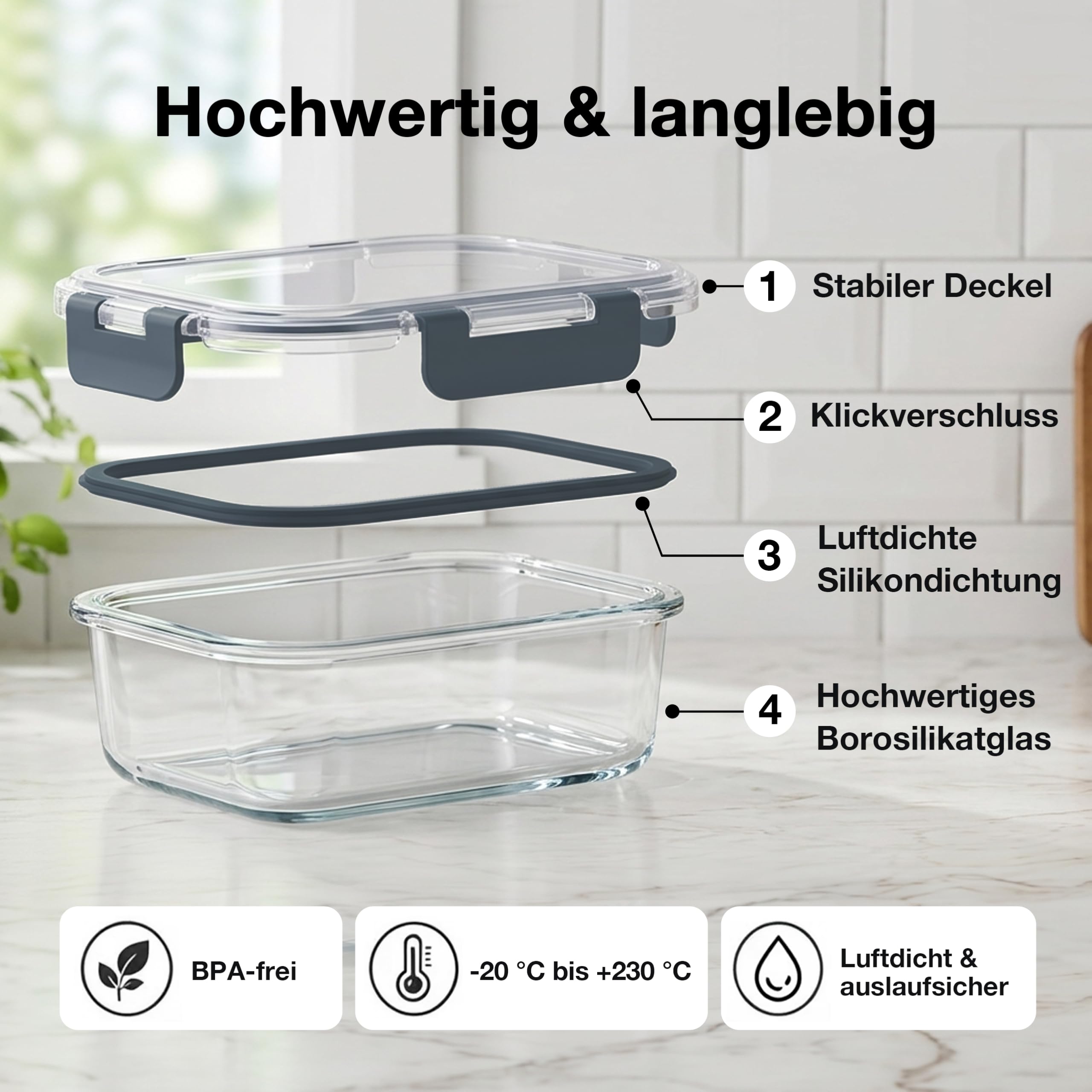 Haushaltszauber Set di contenitori in vetro, ermetici, con coperchio, per cucina, scorte e Meal Prep (set da 12 pezzi, rotondi, quadrati e rettangolari)