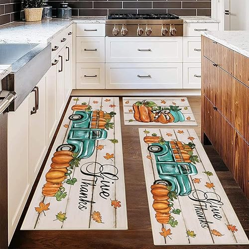 Miniatura 6 de Pauwer Juego de 3 alfombras de cocina de otoño, tapetes de piso de camión de calabaza, antideslizantes, lavables, alfombras de camino de cocina para