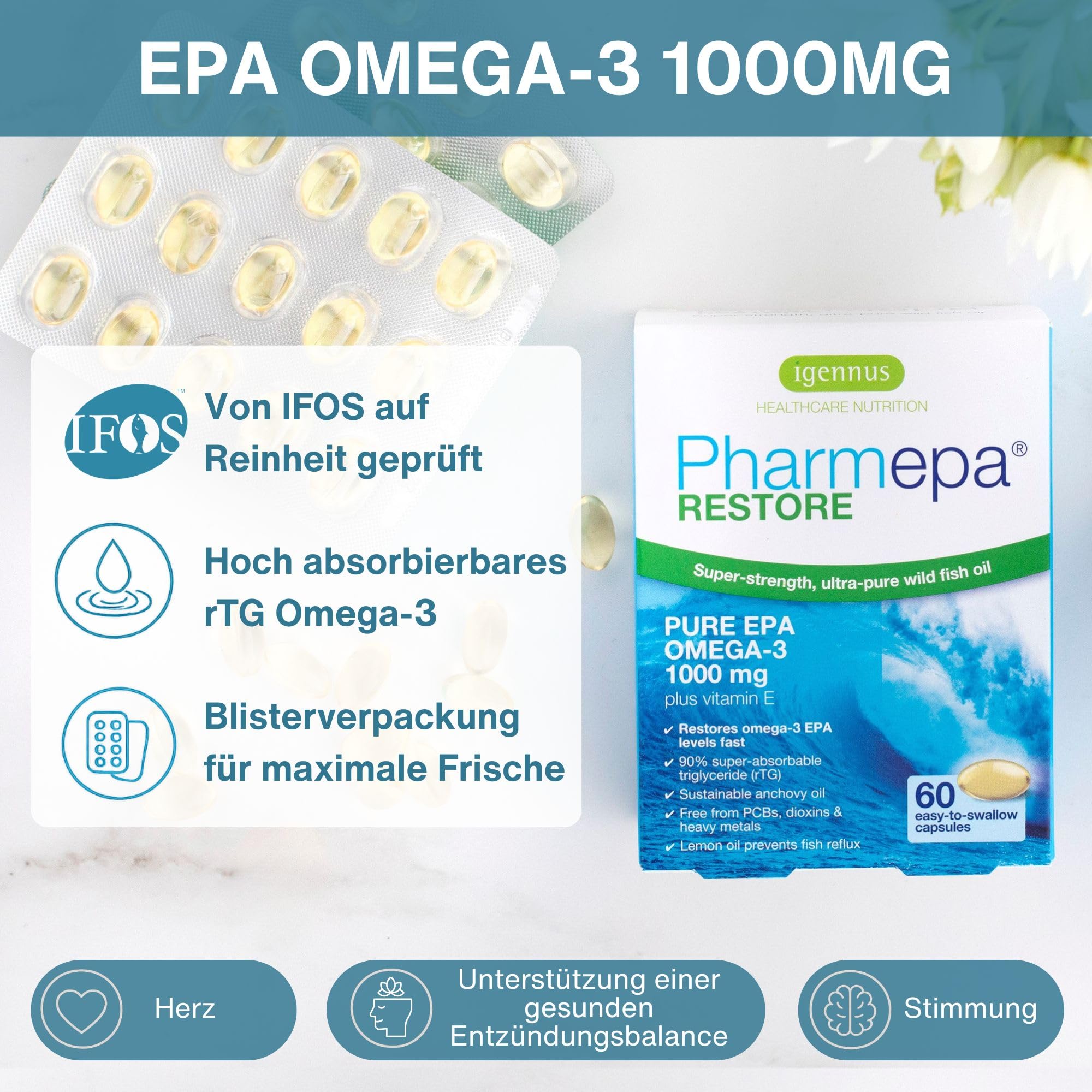 Igennus Pharmepa Restore, 1000mg reines EPA, IFOS-zertifiziert | Omega-3 rTG Fischöl, 60 Weichkapseln, 90%-ige Konzentration, dreifache Stärke, aus nachhaltigem Wildfang, Zitrusgeschmack