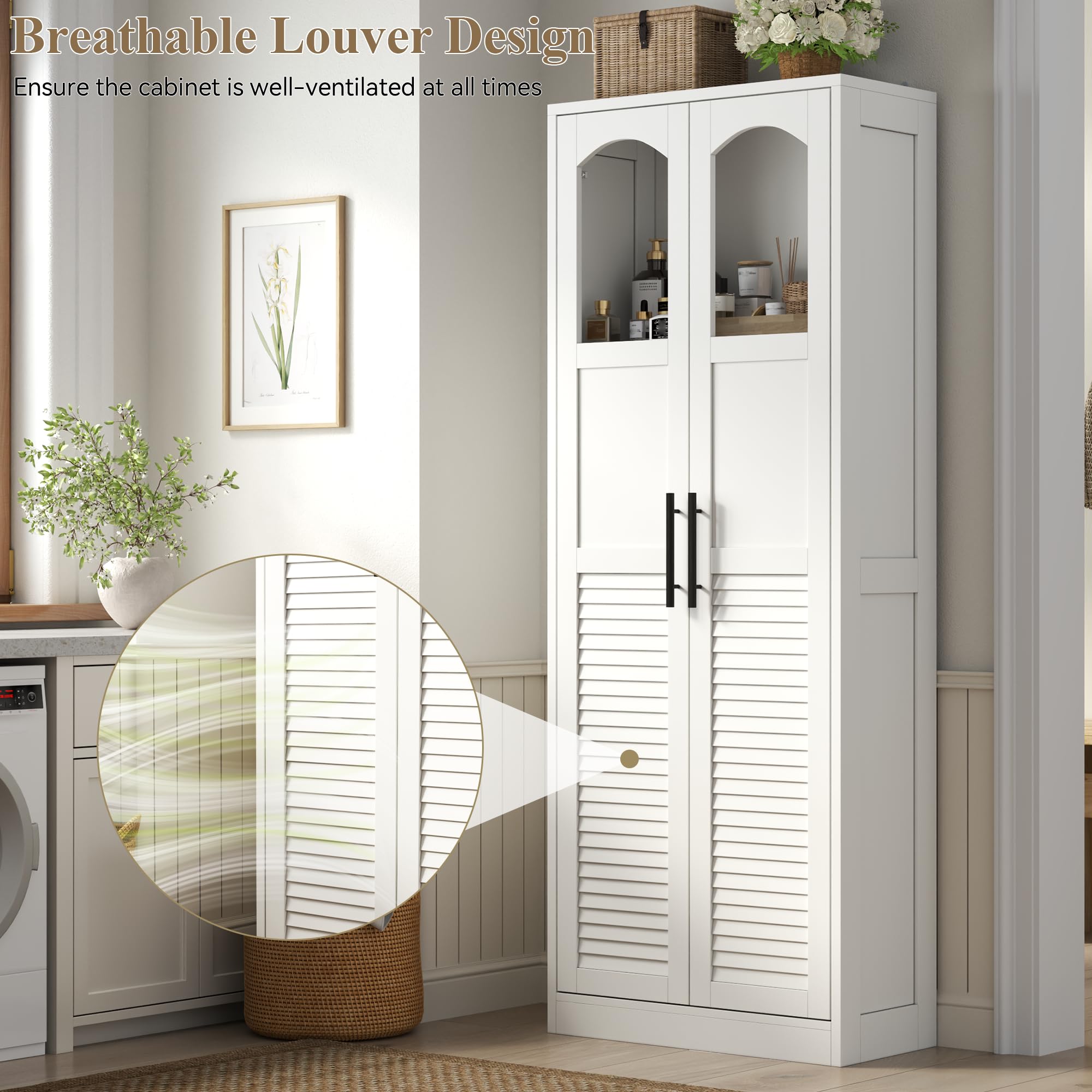 Besenschrank 60 cm breit, Putzschrank mit Lamellentüren, 4 Haken & Stange