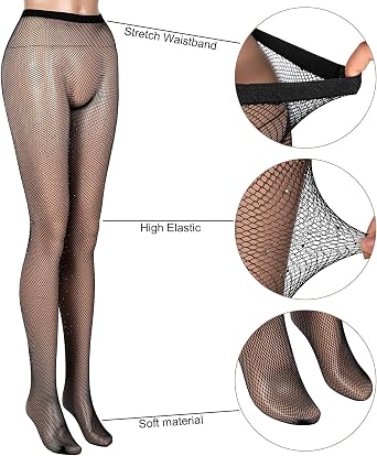 Geyoga 3 Pair Plus Size Rhinestone Fishnets Stockings for Women Glitter Sparkly Tights High Waist Fishnet Pantyhose Stocking