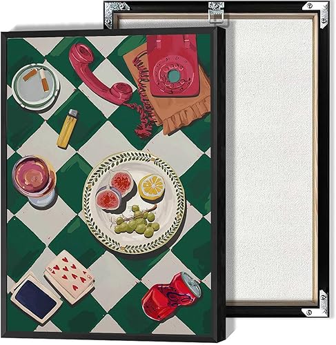 Retro Poker Canvas Wall Art 70s Fruit Plate Posters Green And White Checkerboard Prints for Bedroom Living Room Home Wall Decor 12x16in Unframed