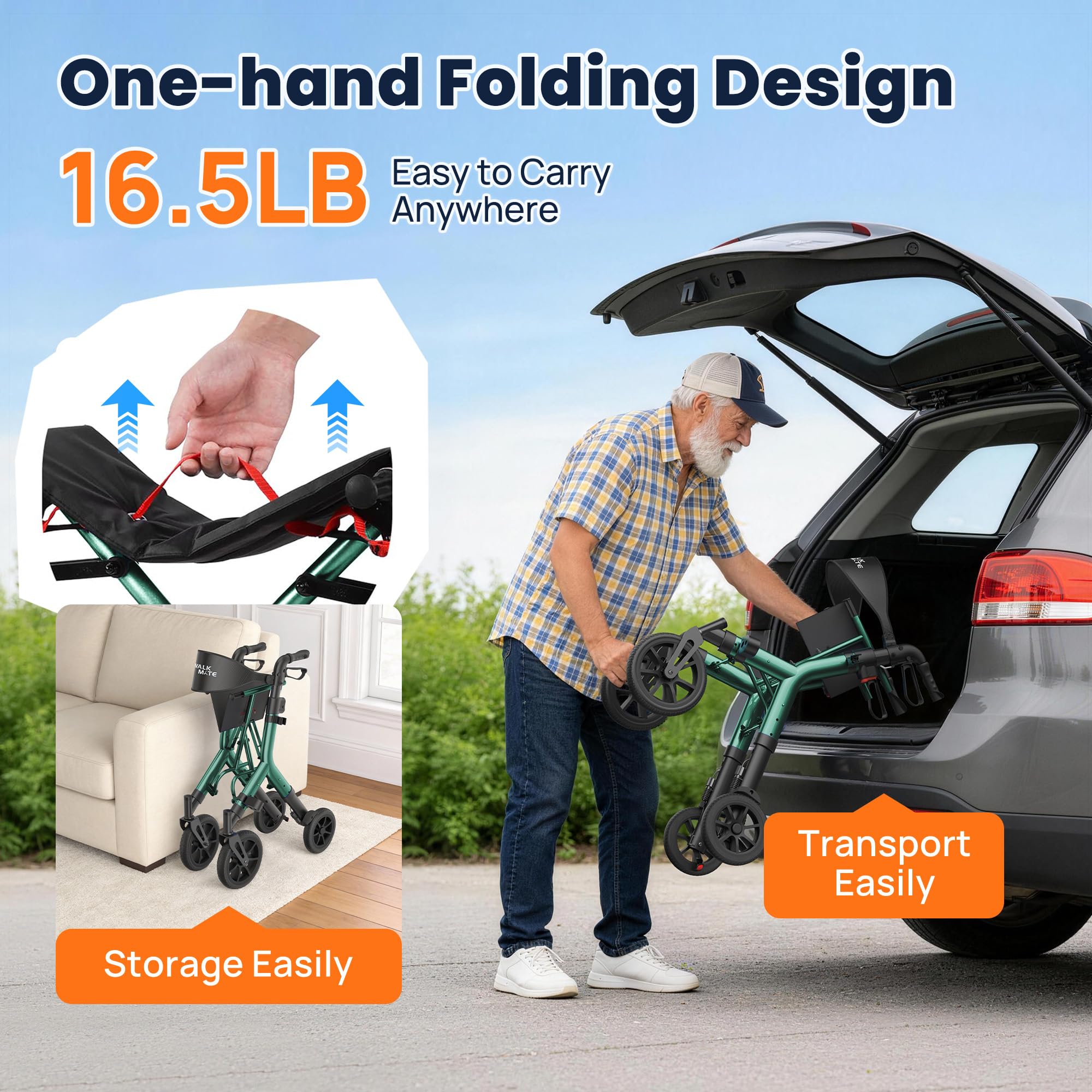 WALK MATE Andador con ruedas para personas mayores de 5.3 a 7 pies con asiento ajustable en altura, ruedas de 10 pulgadas, diseño plegable compacto, ligero, ayuda para caminar, respaldo ampliado,