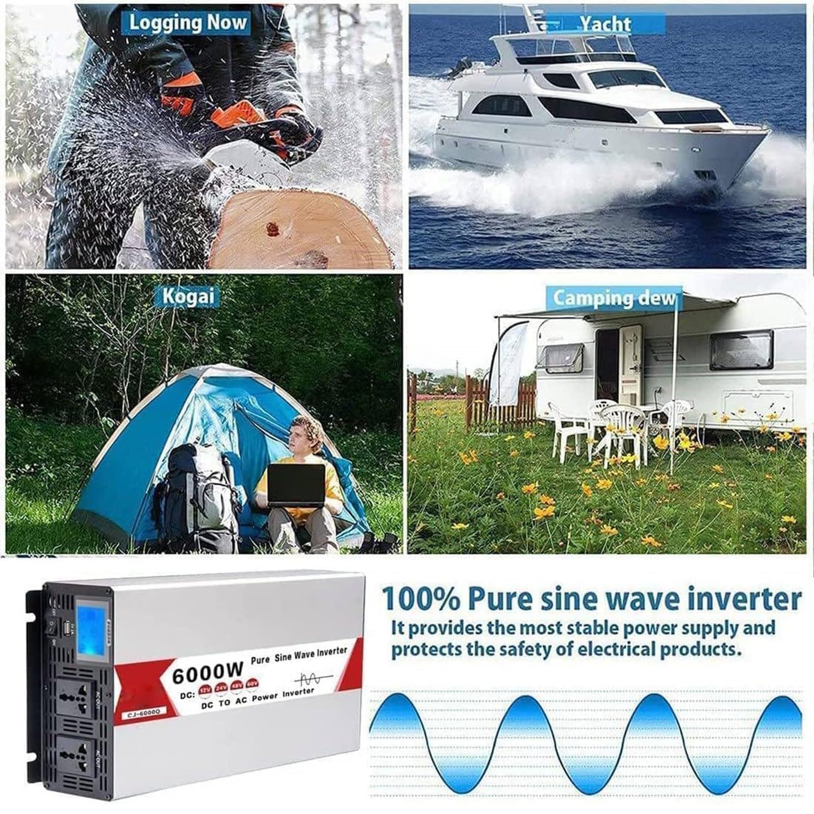 5000W-9000W hybrydowy falownik sinusoidalny DC 12V24V48V60V AC 220V Konwerter samochodowy z diodą LED na przetwornicę sinusoidalną prądu przemiennego Samochód,48V5000W