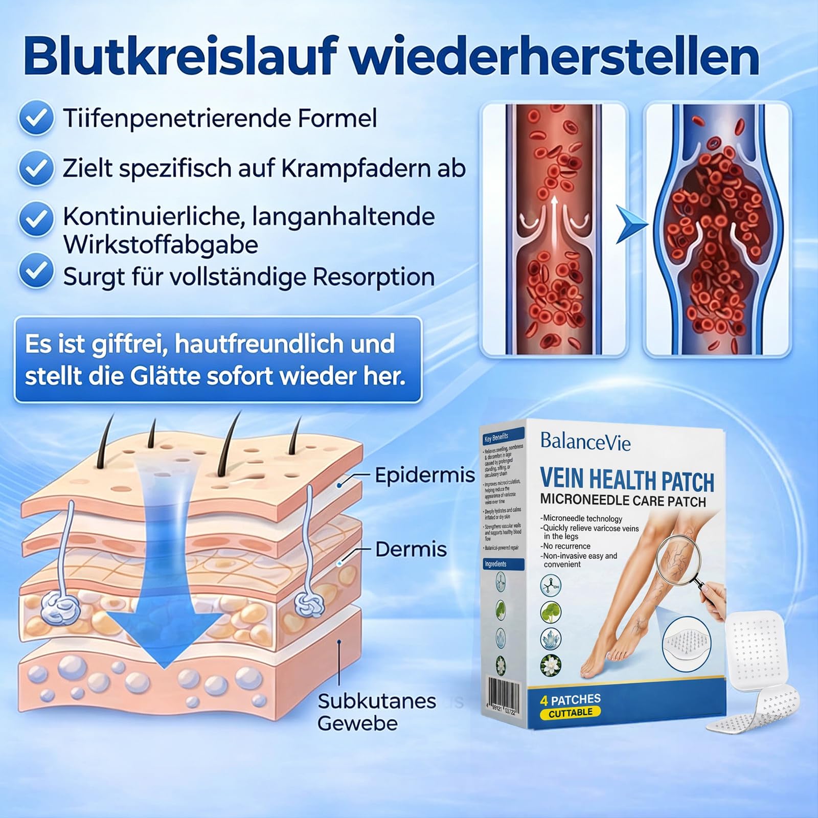 BalanceVie Vein Health MicroneedleCare Patch, BalanceVie Mikronadel Pflaster, 2026 Fortschrittliche Vein Repair Patches, Natürliche Inhaltsstoffe, für Alle Hauttypen，2 PCS