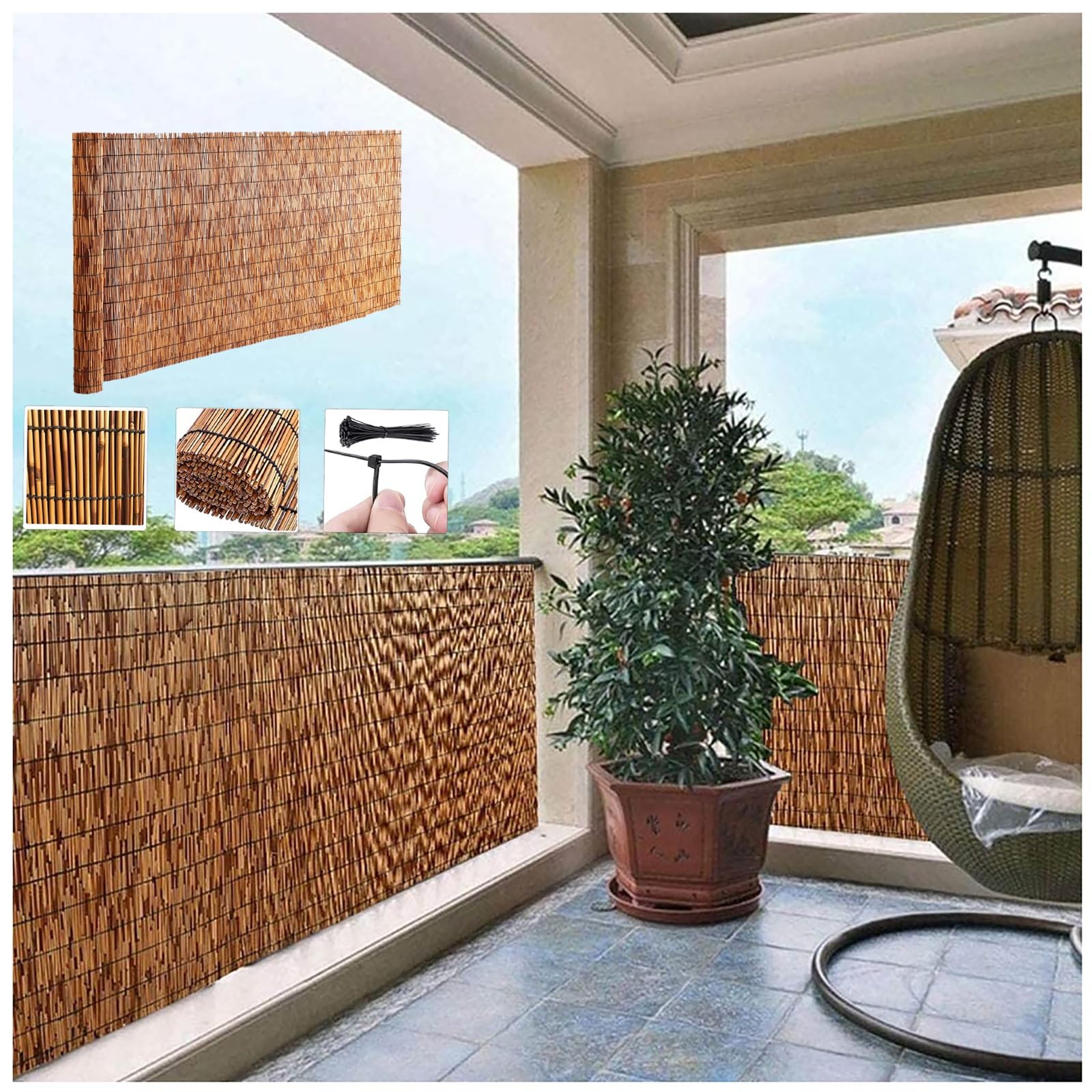 Valla de jardín de bambú natural para crear un rincón íntimo y decorativo en tu balcón o terraza