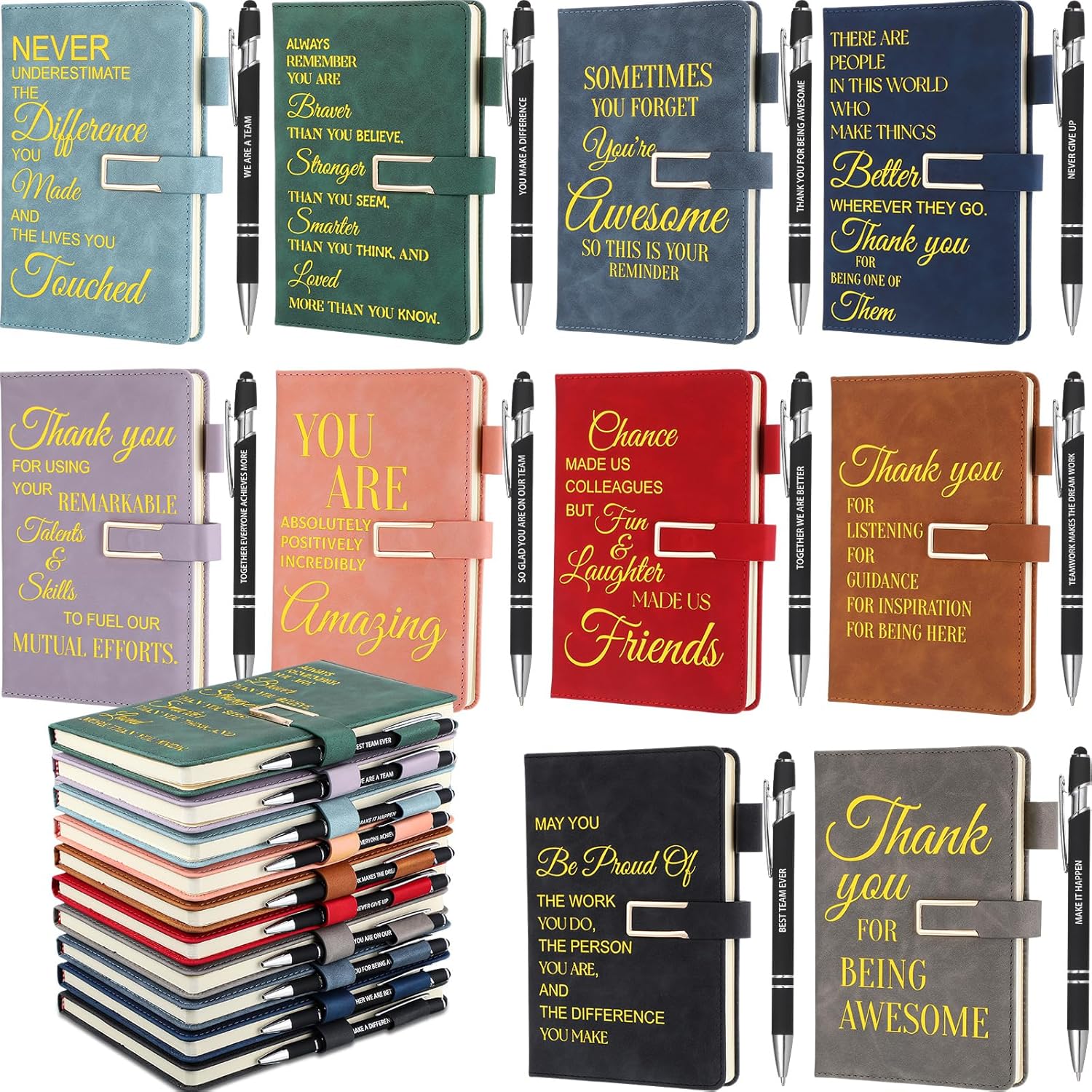 Chuangdi 20 Pcs Employee Appreciation Gift Bulk A5 Inspirational Thank You Gifts 10 Leather Notebook and 10 Metal Ballpoint Pen for Coworker Staff Social Worker Teacher Student Nurse Team Office Gift