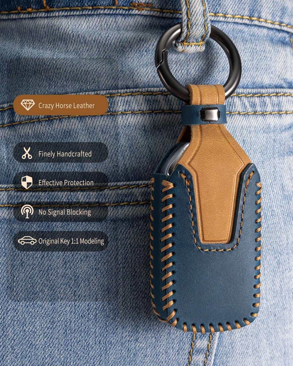 Key Fob Cover Leather Car Key Case Keychain Fob Holder Compatible with Honda Accord Civic CRV Pilot Ridgeline Passport Insight Odyssey (HOHDA-Blue)