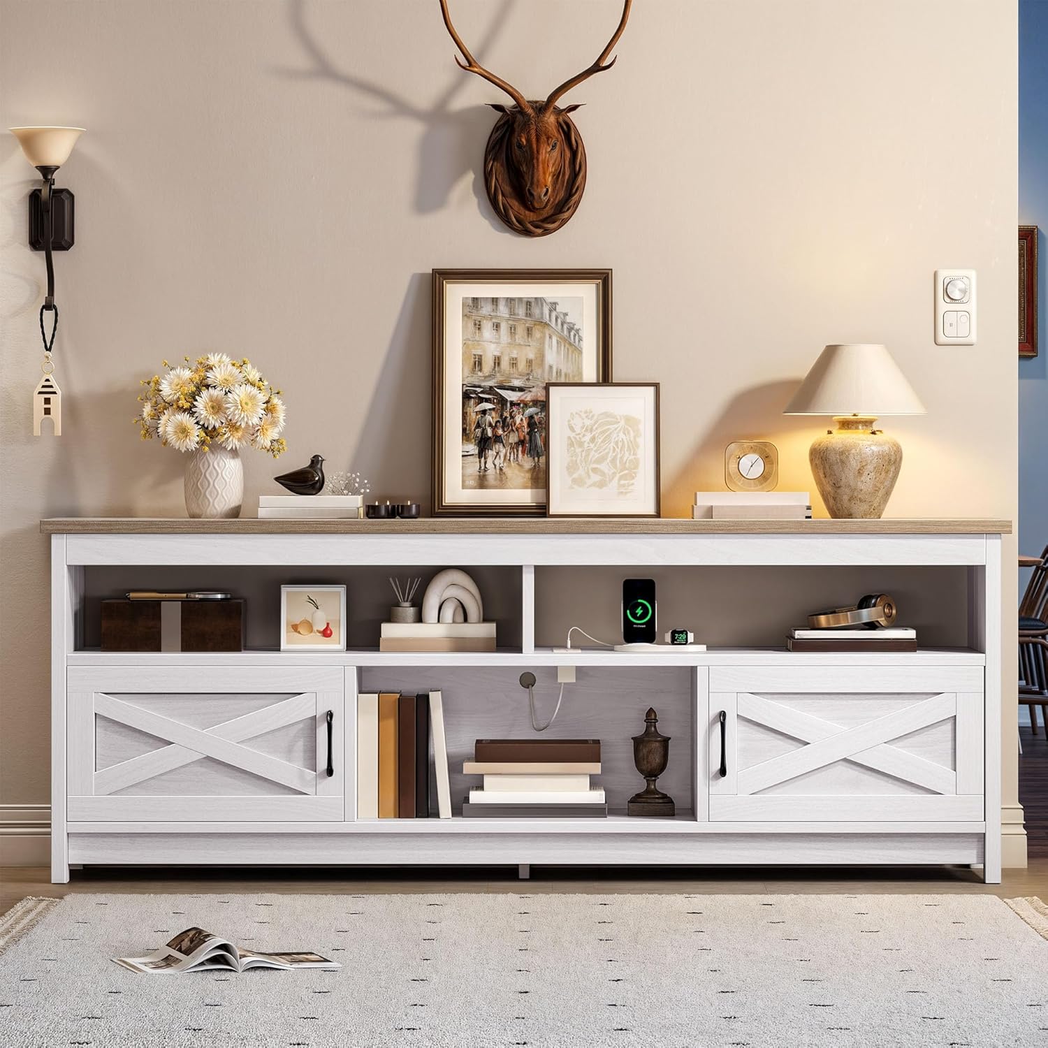 YITAHOME Farmhouse TV Stand for 65/75 Inch Television, Entertainment Center Television Stand with Power Outlets and Open Shelf, Media Console TV Cabinet for Living Room, Grey White/Grey Wash - Image 7