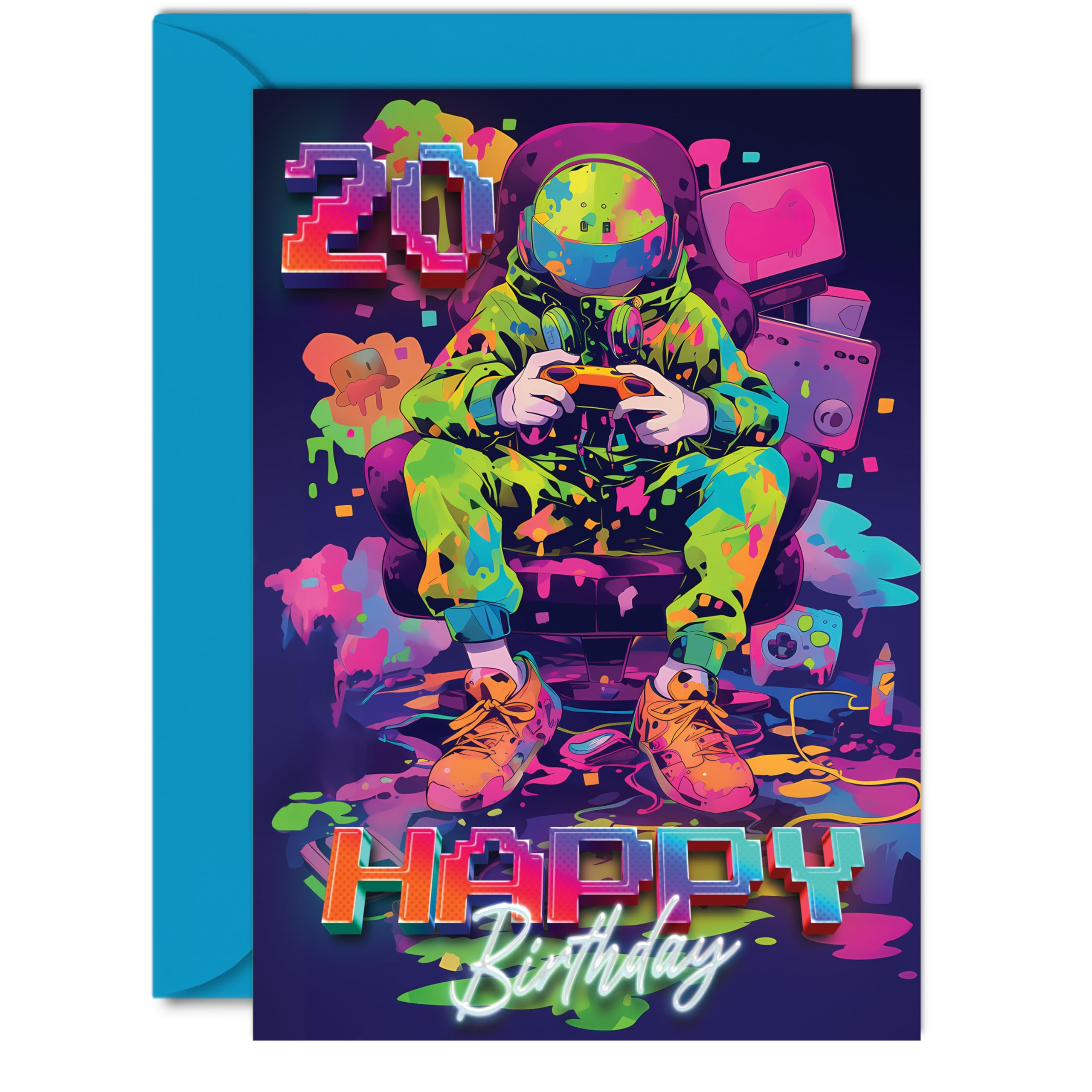 20th Birthday Cards for Women Men - Video Gamer Game - Happy 20 Birthday Card for Son Daughter Brother Sister Friend, A5 Twenty Twentieth Bday Greeting Cards