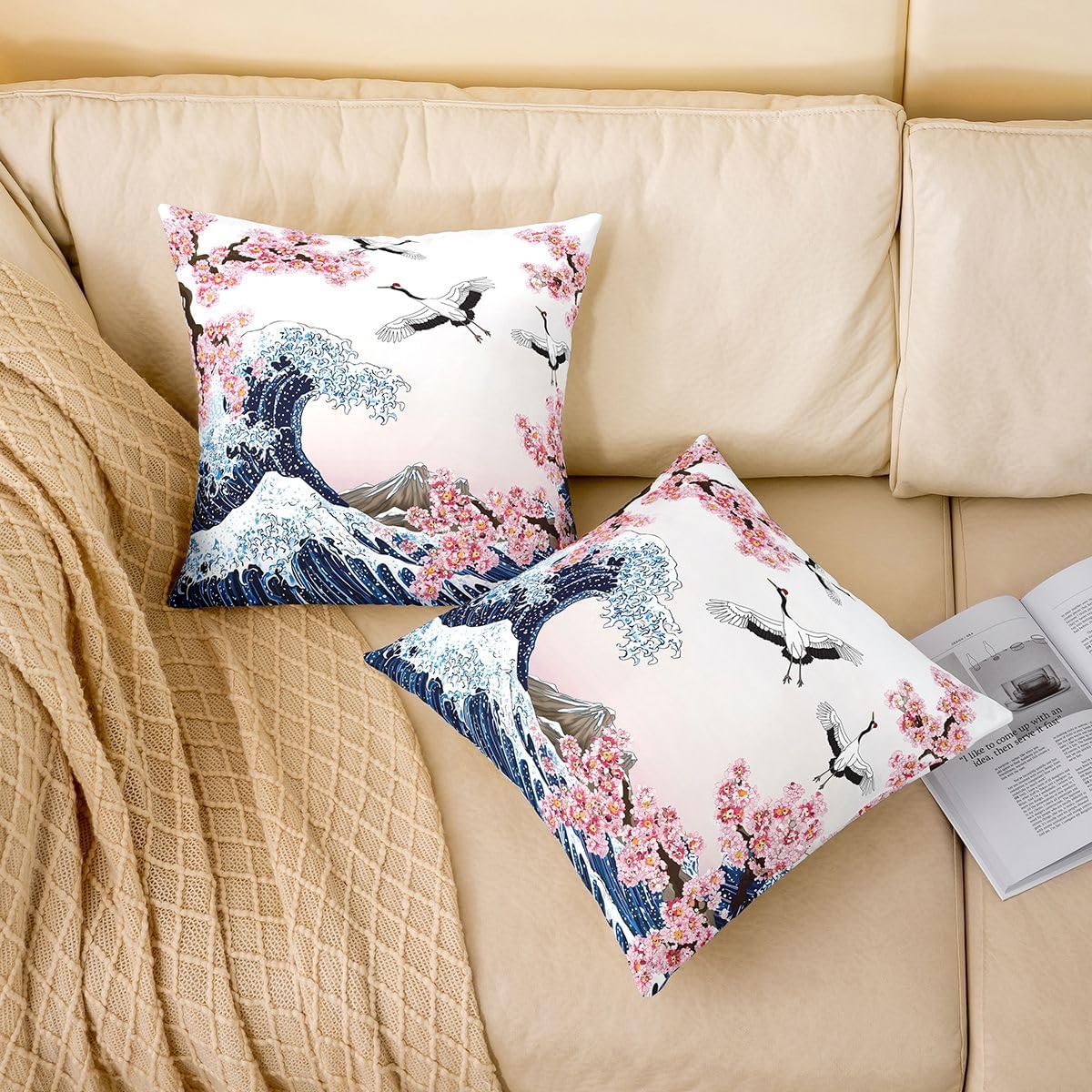 Feelyou Japanese Style Throw Pillow Cover, Ocean Wave Sakura Flower Cushion Case for Home Living Room Decor, Reversible Fuji Mountain Decorative Throw Cushion Case, 24x24 Inches