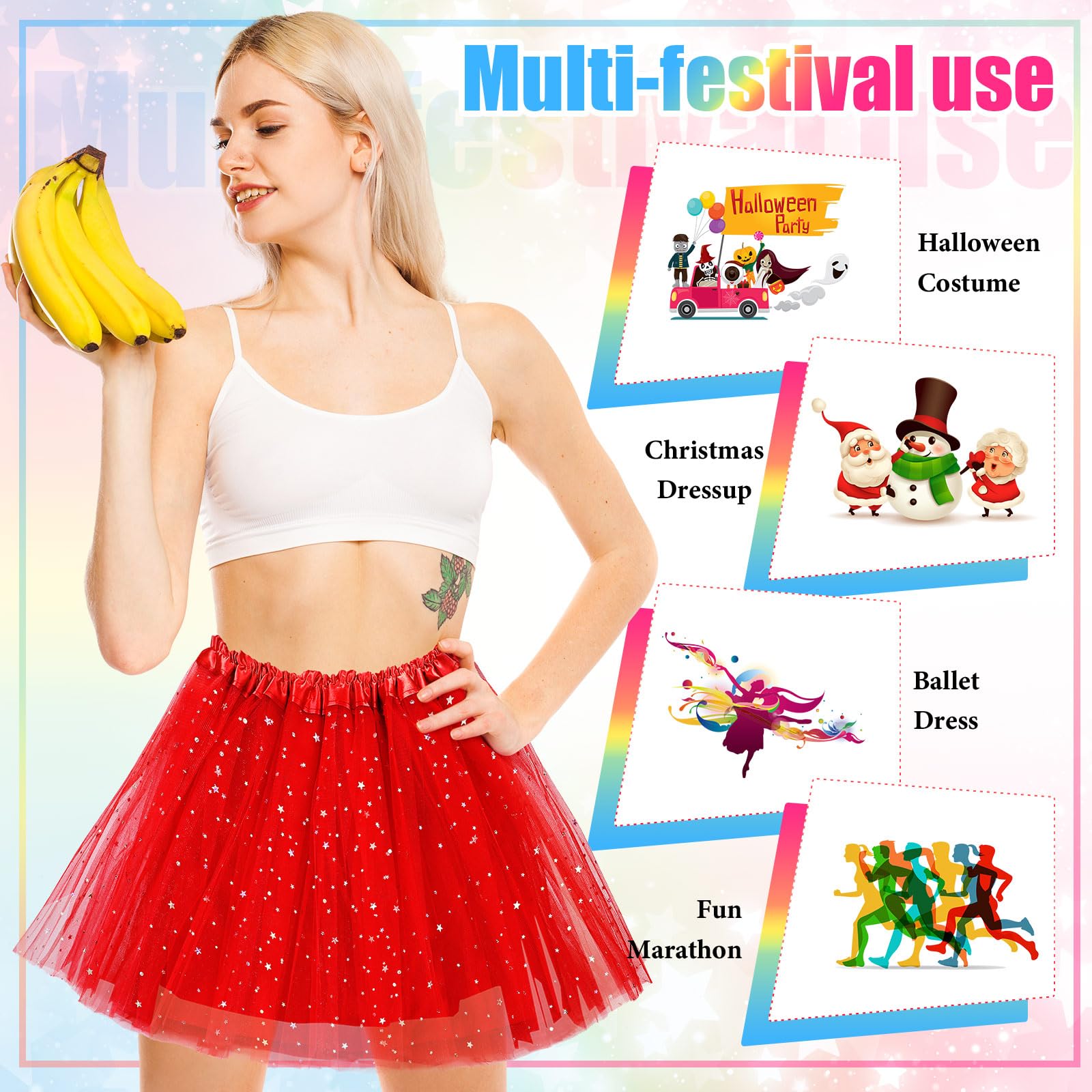 Foaincore 9 Stück Damen Tutu Rock Erwachsene 4 Schichten Tüll Sterne Pailletten Ballett Tanzkleid Paillettenrock