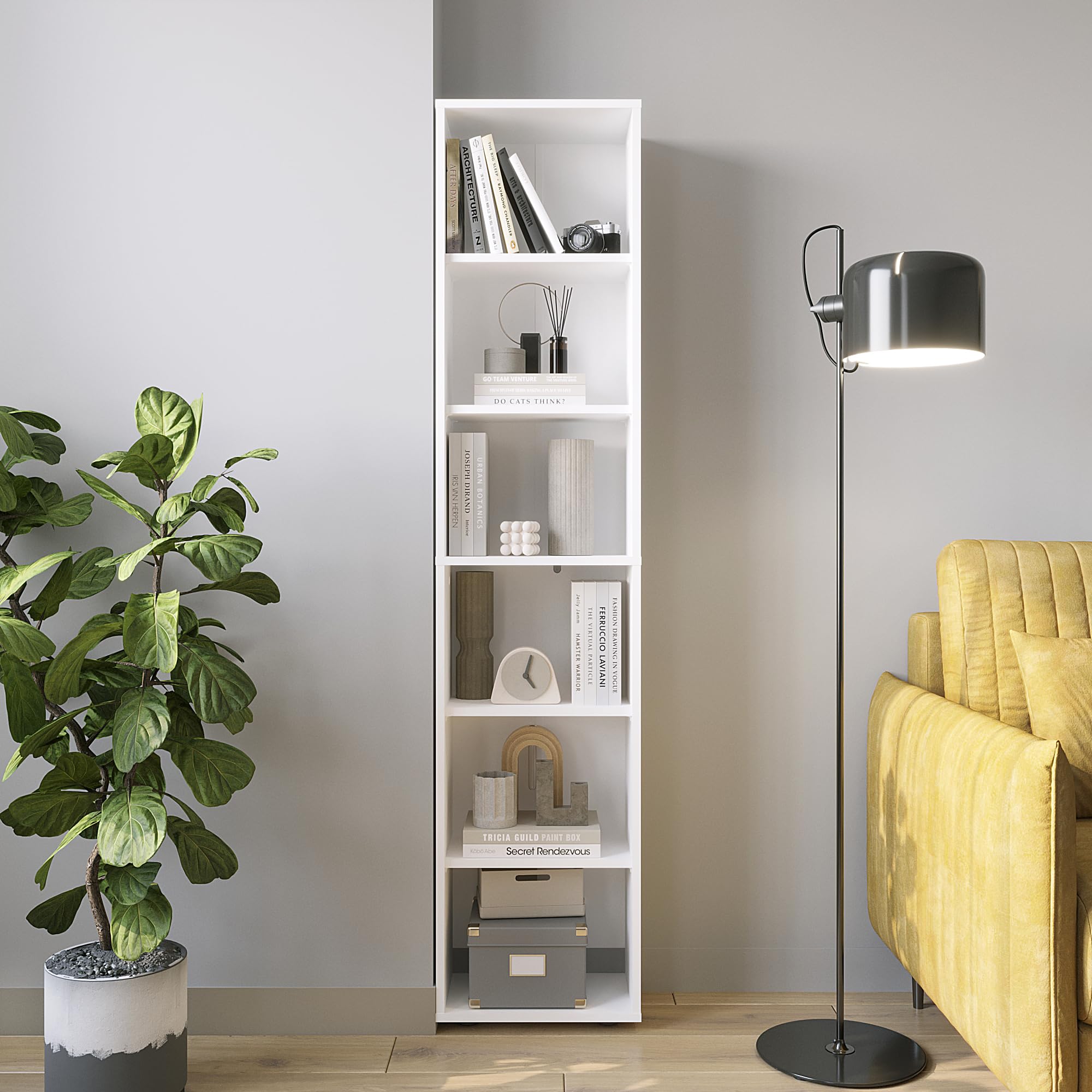 KOMTO Regal 40 cm breit Weiß - Bücherregal mit 6 Ebenen und Höhenverstellbare Regale, Standregal, Aufbewahrungsregal | Bookshelf Lumo 40 x 180 x 24 cm (BxHxT)