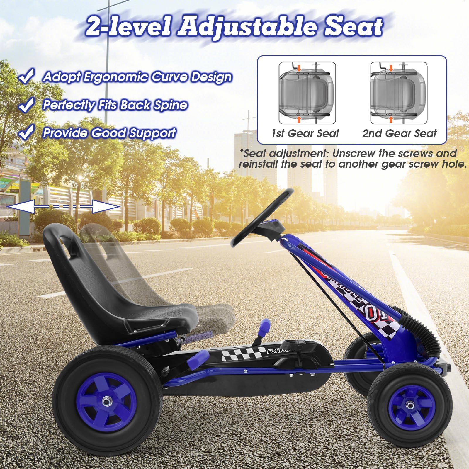 RELAX4LIFE Go Kart para Niños con Asiento Ajustable en 2 Niveles, 2 Pedales Antideslizantes y Freno de Mano, Coche de Pedales de PP con Ruedas de Goma, Adelante y Atrás, 101x61x62cm (Azul)