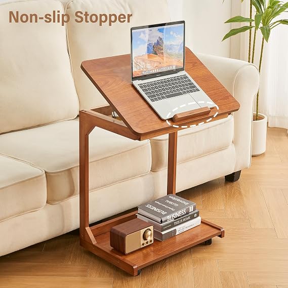 CozyDH C Shaped Rolling Side Table - Walnut Solid Wood End Table with Tilting Top, Adjustable Laptop TV Tray Sofa Side Table with Wheels for Couch,Bedroom,Living Room Home Office