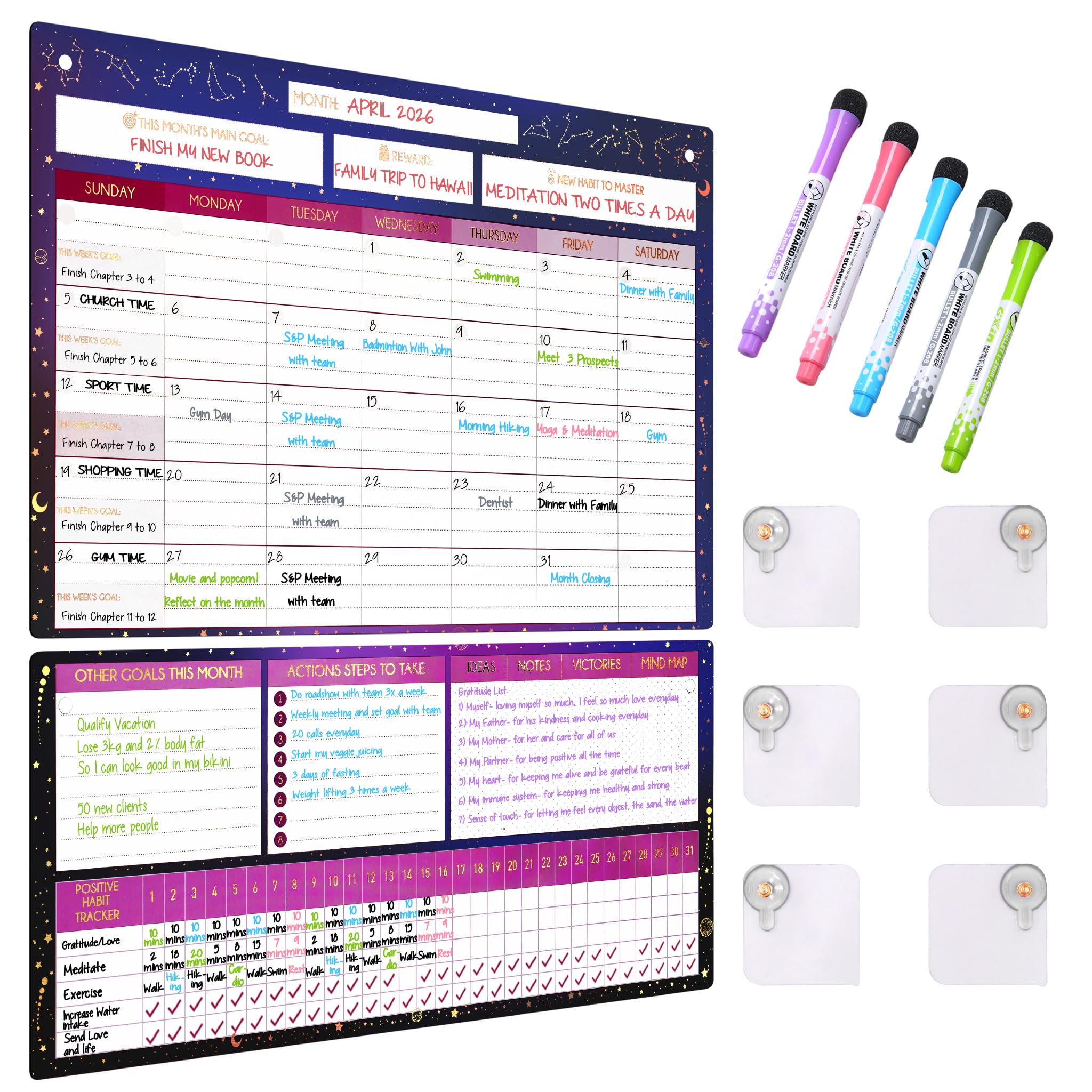 Magnetic Whiteboard for Fridge - Large Dry Erase Calendar for Wall | 2 Magnetic Dry Erase Board 10.5" x 16.5" & 7" x 16.5", Monthly Goal Setting &