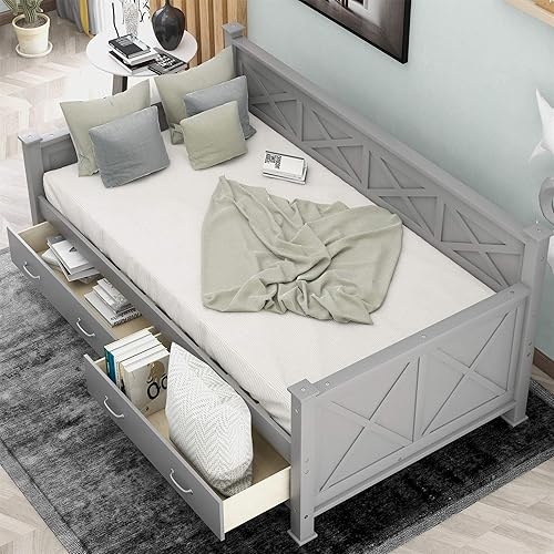 Bellemave Twin Size Daybed with Storage Drawers, Wooden Daybed with X-Shaped Frame, Modern and Rustic Casual Style Daybed (Gray)