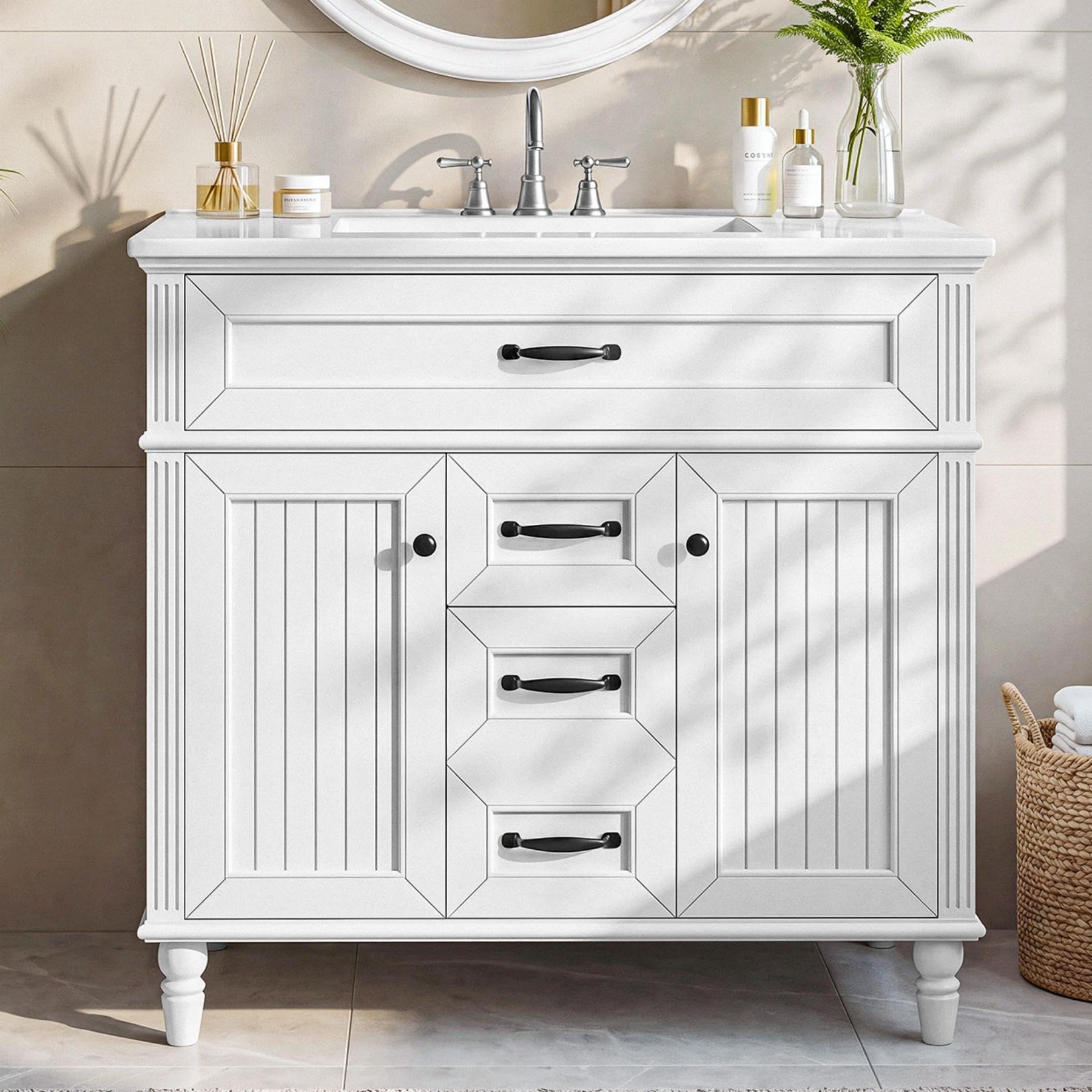 Photo 1 of Tribesigns 36" Bathroom Vanity with Ceramic Sink, Solid Wood Frame Freestanding Bathroom Vanity Cabinet with Tip-Out Drawer, Soft Closing 2 Doors & 2 Drawers and 2 Adjustable Shelves, White
