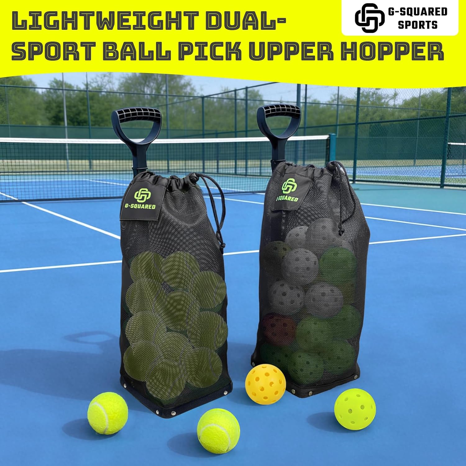 Lightweight Tennis Ball Hopper – Holds 50+ Tennis Balls or 40+ Pickleballs | Durable Steel Frame | Portable Adjustable Ball Picker for Hard Court, Clay, Grass