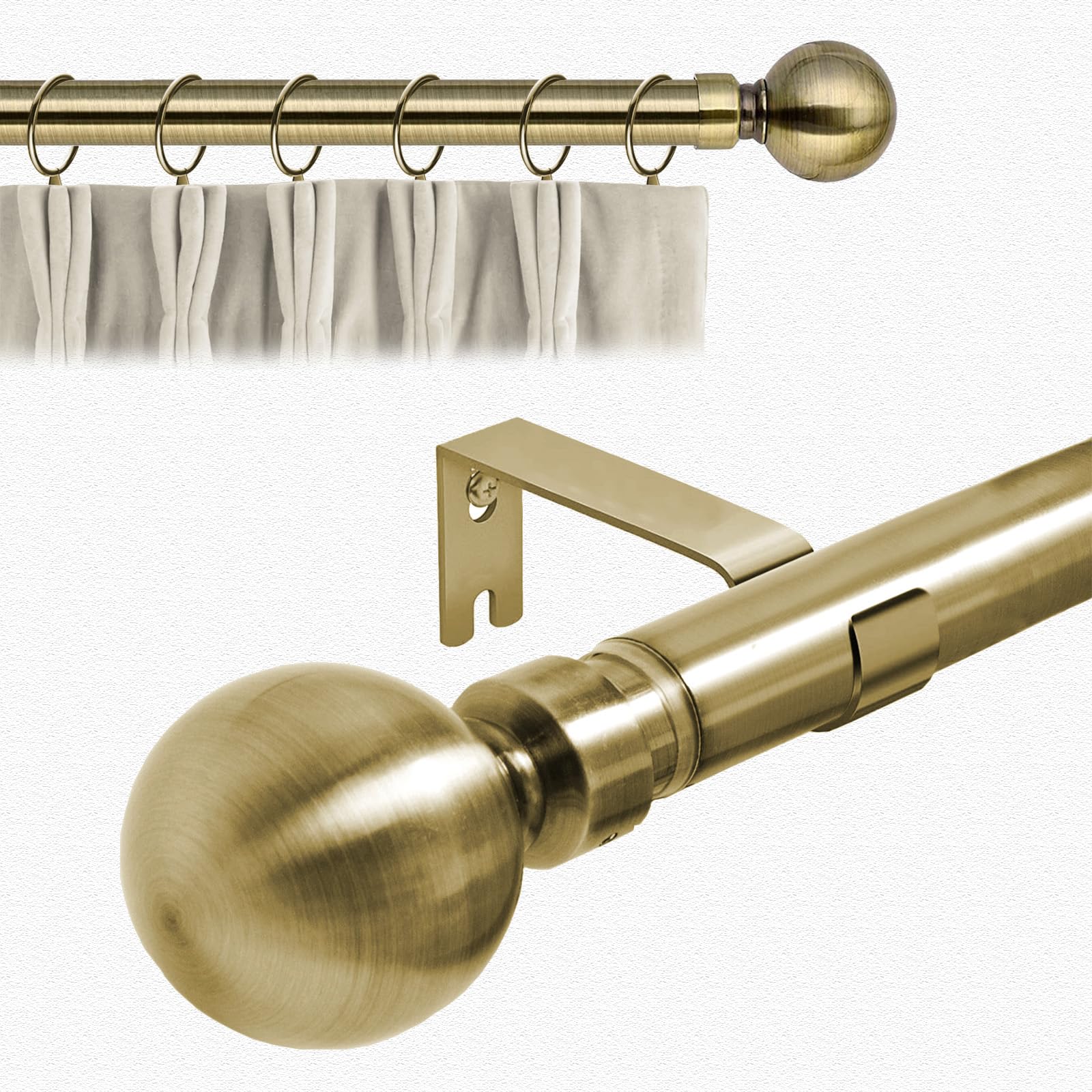 Aspire Homeware Curtain Poles Metal Plain Ball Extendable Curtain Pole 70 cm to 120 cm Antique Brass Adjustable Curtain Rod 28 mm Diameter with 60 mm Finials, Rings, Brackets, and Fittings Set