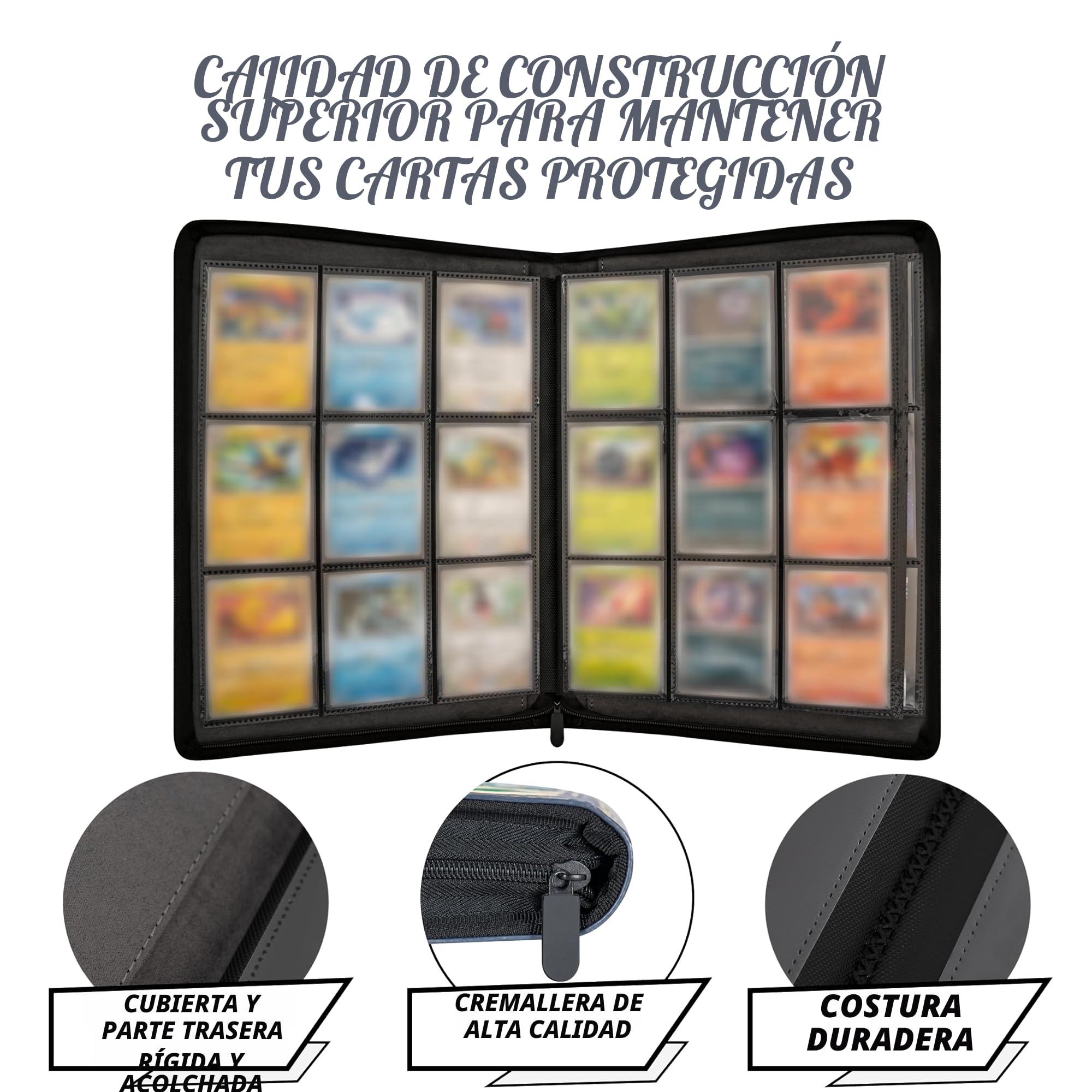 3D Album Cartas para Pokemon - Diseño 3D Elemental en Relieve en Cuero PU. Archivador Cartas con Cremallera e 9 Bolsillo para 360 tarjetas. Card Binder/Album para Cartas Pokemon Grande
