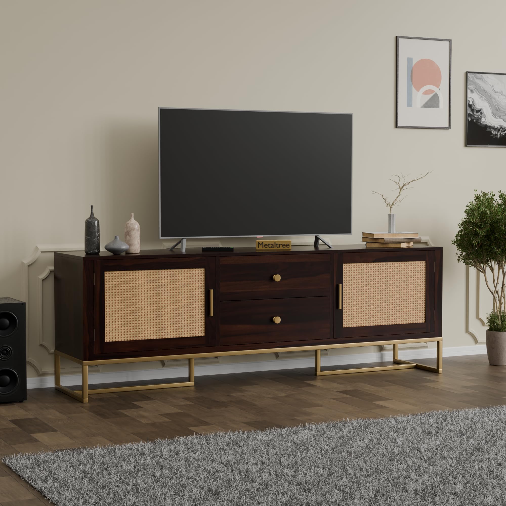 Premium Solid Sheesham Wood TV Unit with 2 Drawers, 4 Shelves, and 2-can Storage - Accommodates up to 65-Inch TV - Ideal for Living Room (Cobalt, Walnut Finish)-image-25