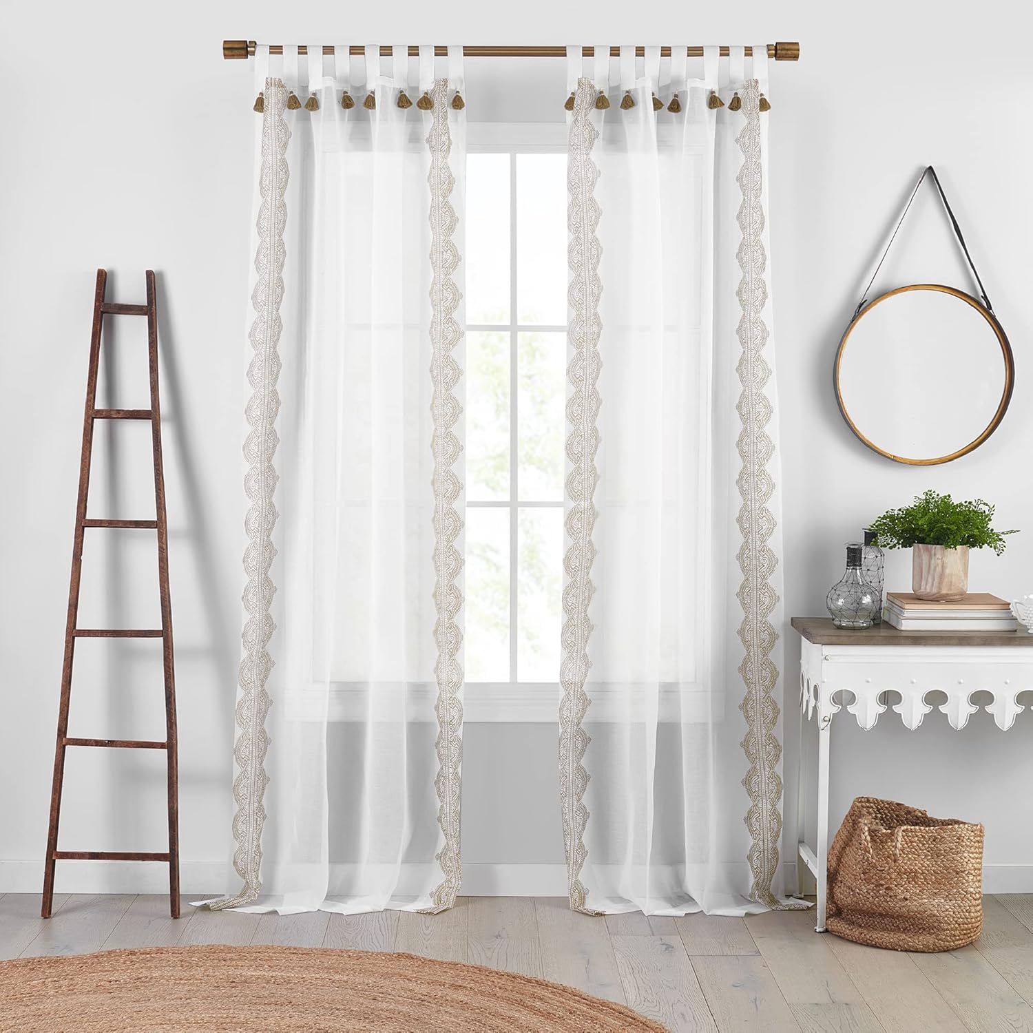 Elrene Home Fashions Shilo Sheer Boho Tab-Top Window Curtain Panel with Tassels, Linen, (52 X 95)