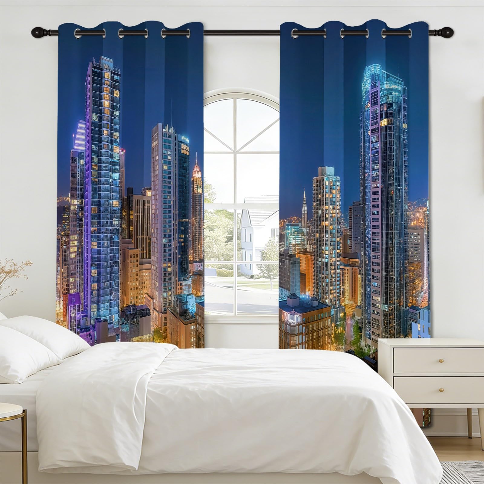 Cortinas opacas con ojales, juego de 2 unidades, 225 x 140 cm (alto x ancho), cortinas opacas para salón, oficina, sala de reuniones, vestíbulo de hotel, fotografía panorámica urbana, protección UV