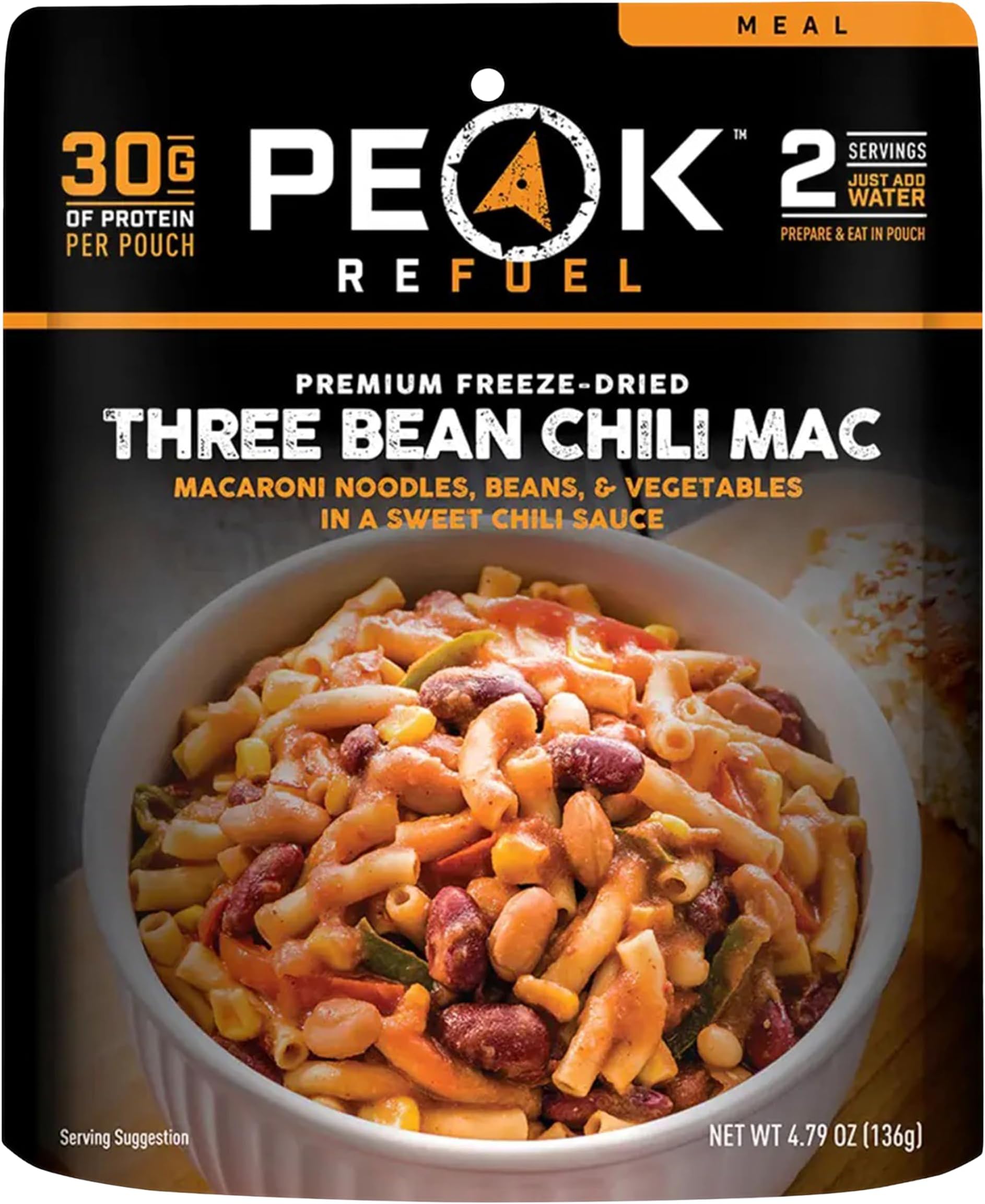 Peak Refuel Three Bean Chili Mac Freeze-Dried Meal | Camping & Backpacking Food | 30g Protein | 2 Servings