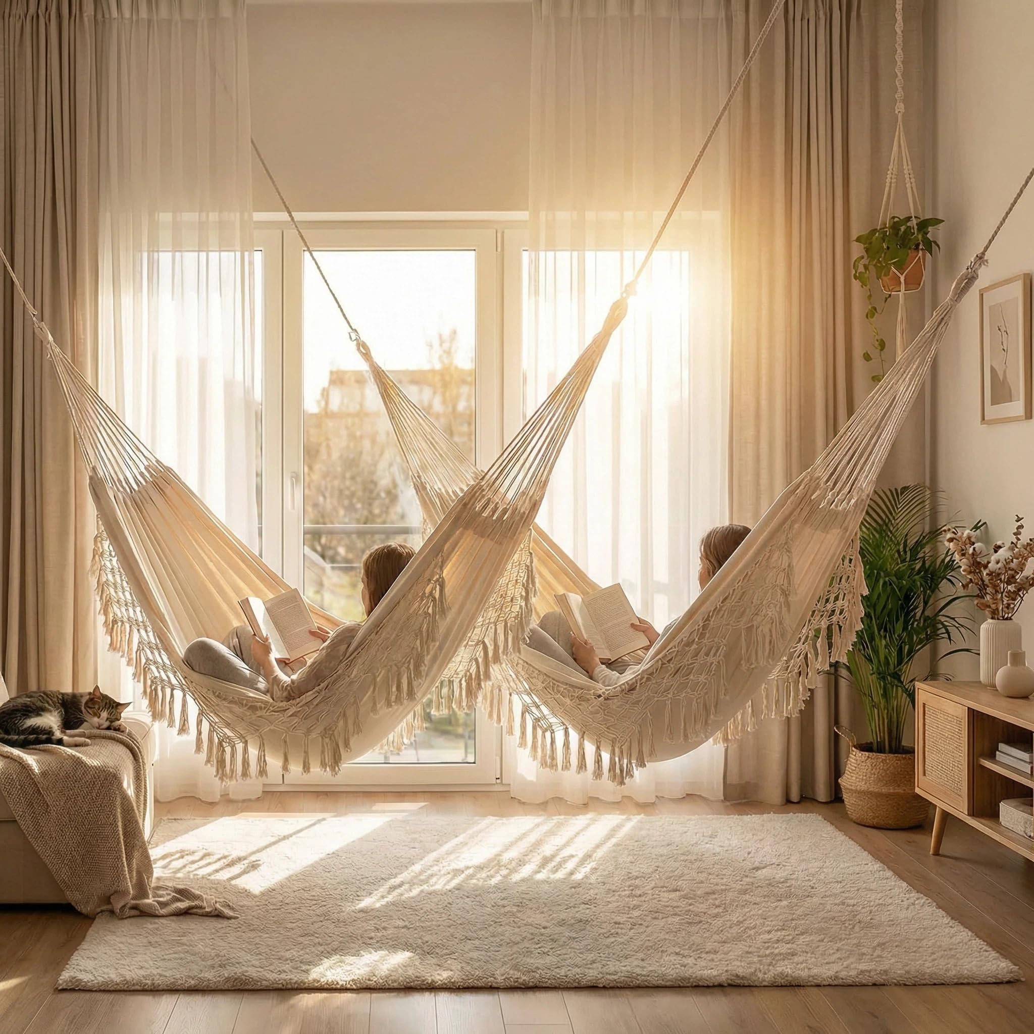 Hamac de Jardin Hamac d'extérieur Camping Lit hamac en Coton Hamacs à Franges en macramé Balcon bohème à Pompons Fait à la Main hamacs Double 2 Personnes (Blanc, 240x150cm, 200kg)
