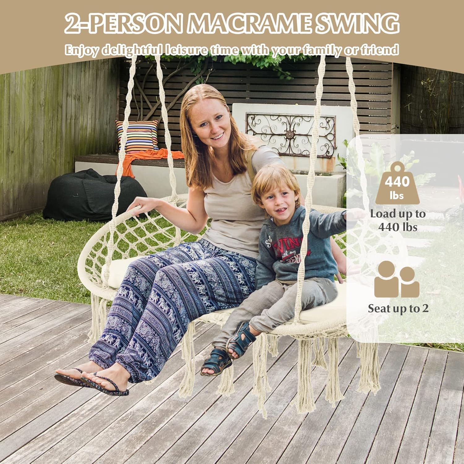 Tangkula 2-Person Hammock Chair, Hanging Hammock Macrame Swing with Cushion, Cotton Rope, Tassels, Bohemian Style Hanging Chair for Bedroom, Indoor, Outdoor (Beige)