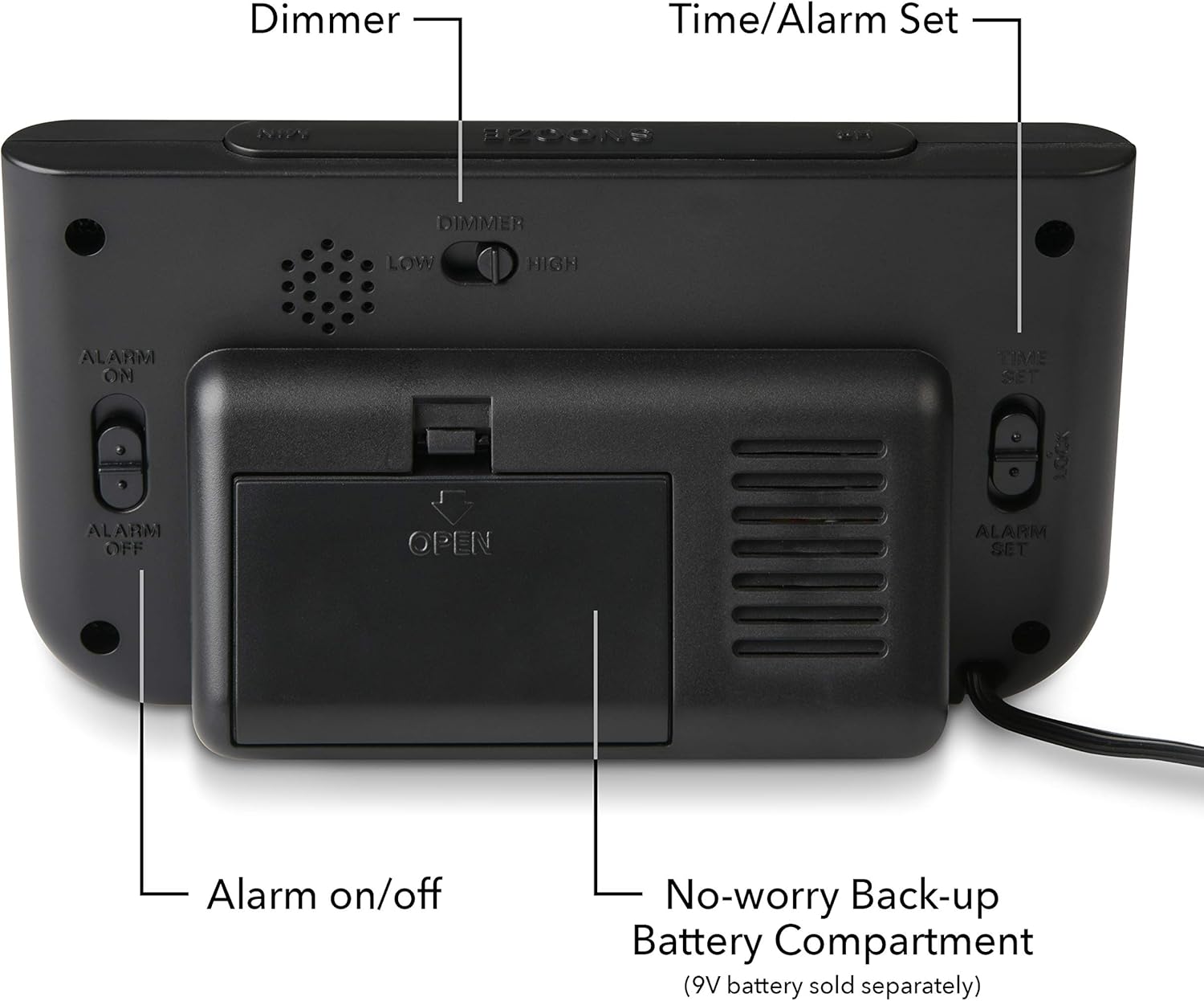 Enrere view of the RCA Digital Alarm Clock showing the battery compartment and control buttons