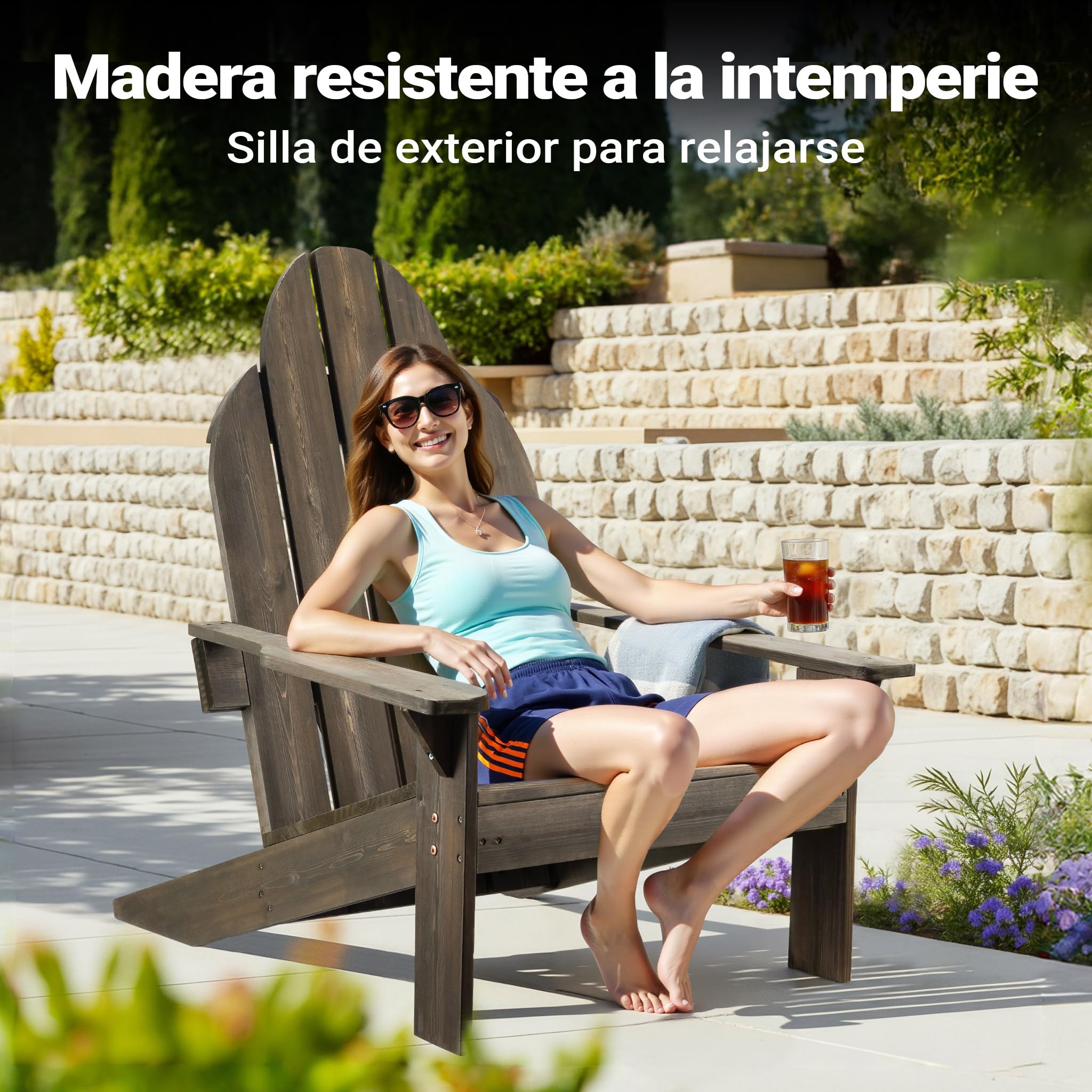 WilTec Silla de jardín Adirondack de Madera Maciza 89 x 72 x 92,5 cm - para Exterior, jardín - hasta 160 kg - ergonómica - de Pino - Muebles ajardinados macizos atemporales