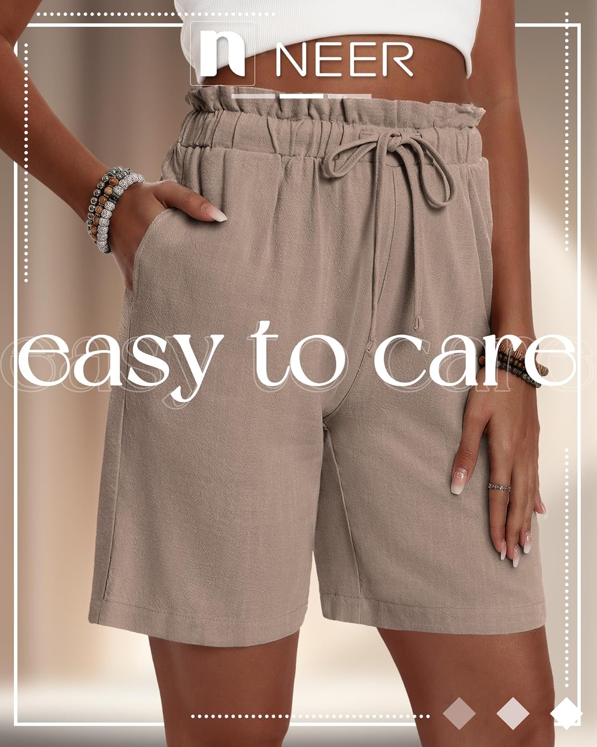 Neer 3 Pack Women's Linen Bermuda Shorts Summer Wide Leg Casual High Waist Drawstring Mid Length Shorts with Pockets - Image 2
