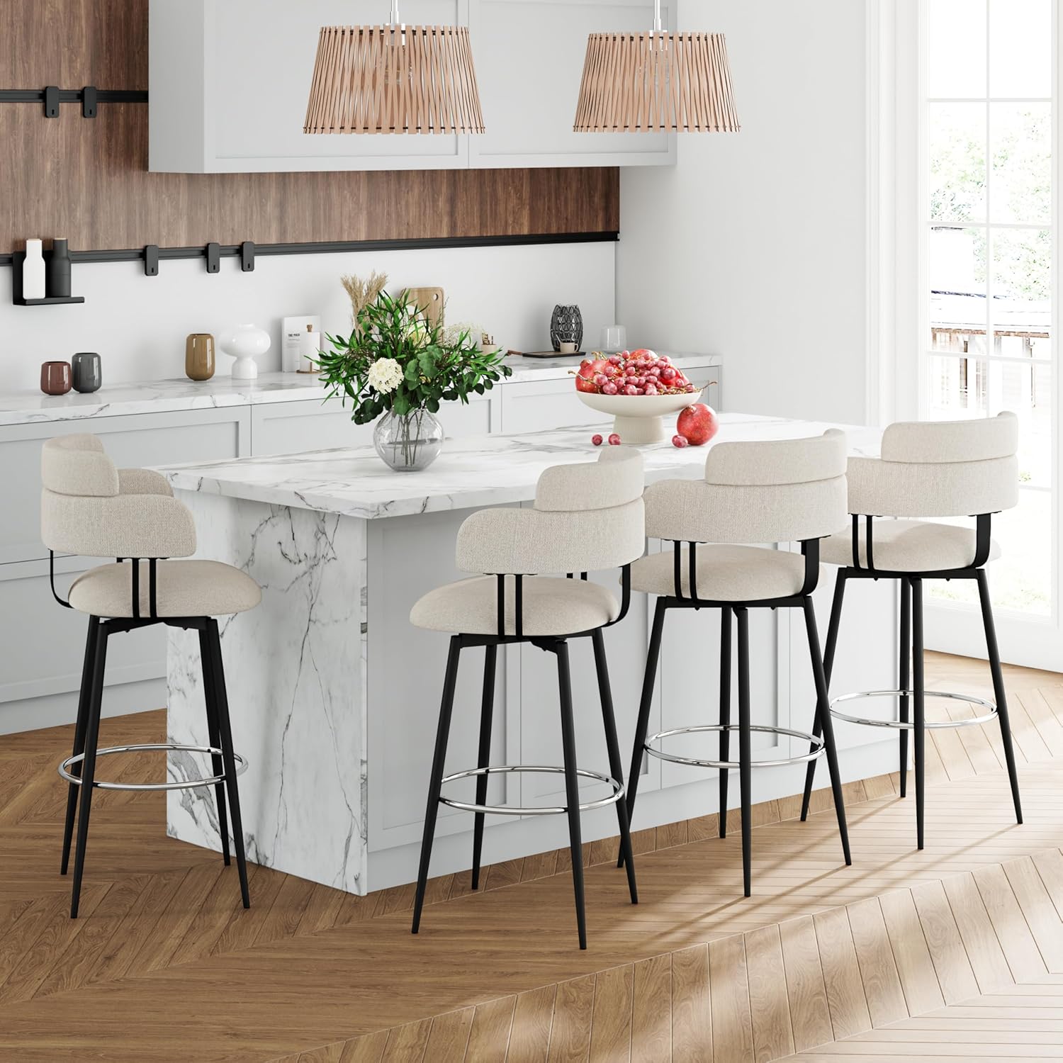 Swivel Bar Stools Set of 2, Ergonomic Backrest, Linen Fabric Upholstered Bar Stools with Chrome Plated Metal Feet for Kitchen Island (Beige, 30 inch)